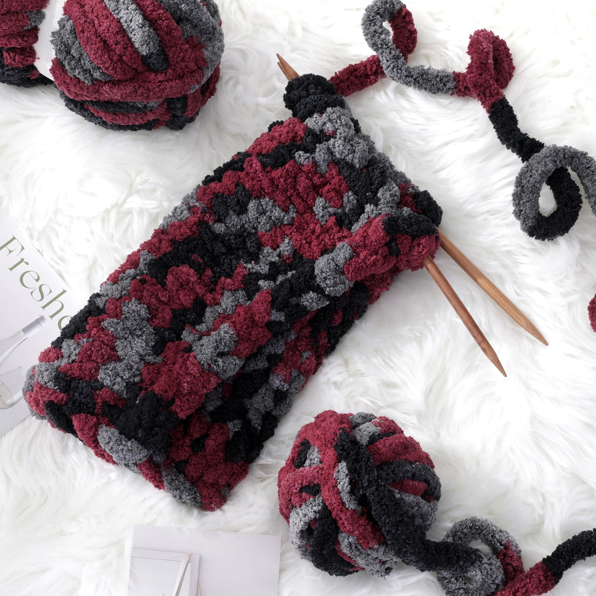 HOMBYS Wine Red,Black,Grey Variegated Chunky Chenille Yarn, 8 Skeins, 26 yd / 7.5 oz Each