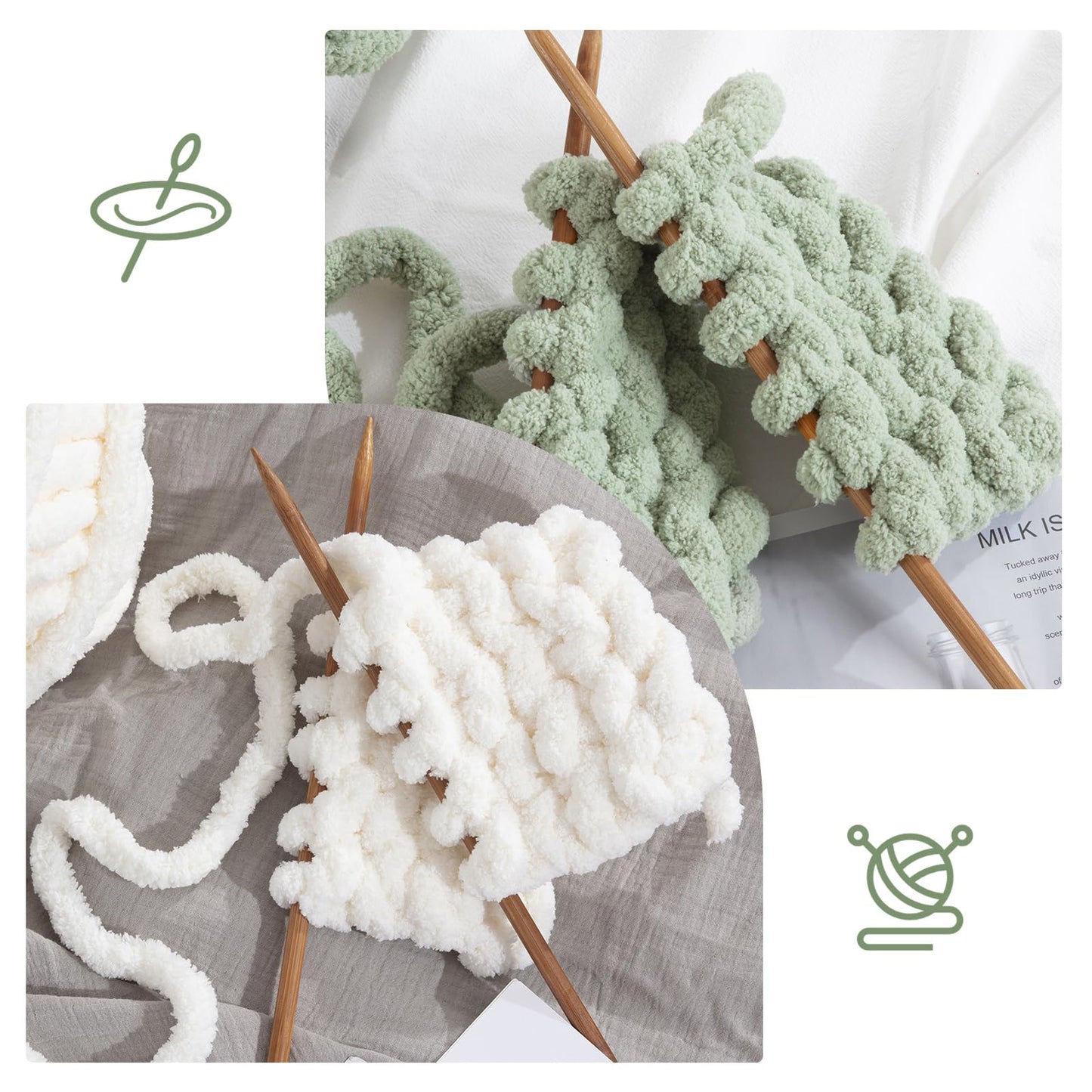 HOMBYS 4 White+4 Sage Green Chunky Chenille Yarn, 8 Skeins, 27 yd / 8 oz Each