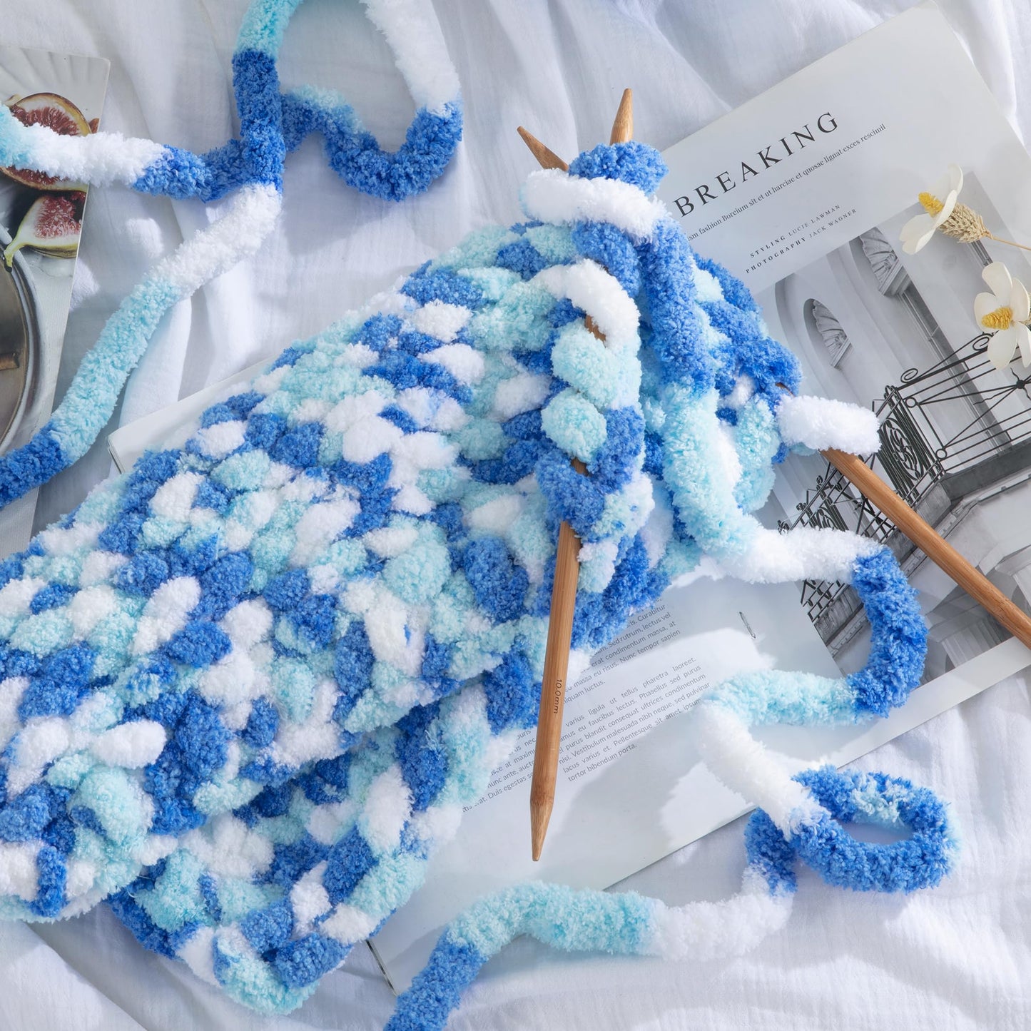 HOMBYS Blue,Sky Blue,White Variegated Chunky Chenille Yarn, 8 Skeins, 26 yd / 7.5 oz Each