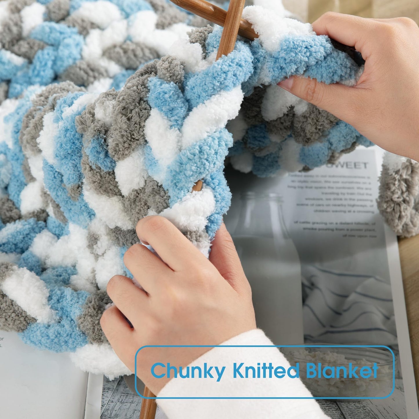 HOMBYS Sky Blue,Green Variegated Chunky Chenille Yarn, 8 Skeins, 26 yd / 7.5 oz Each