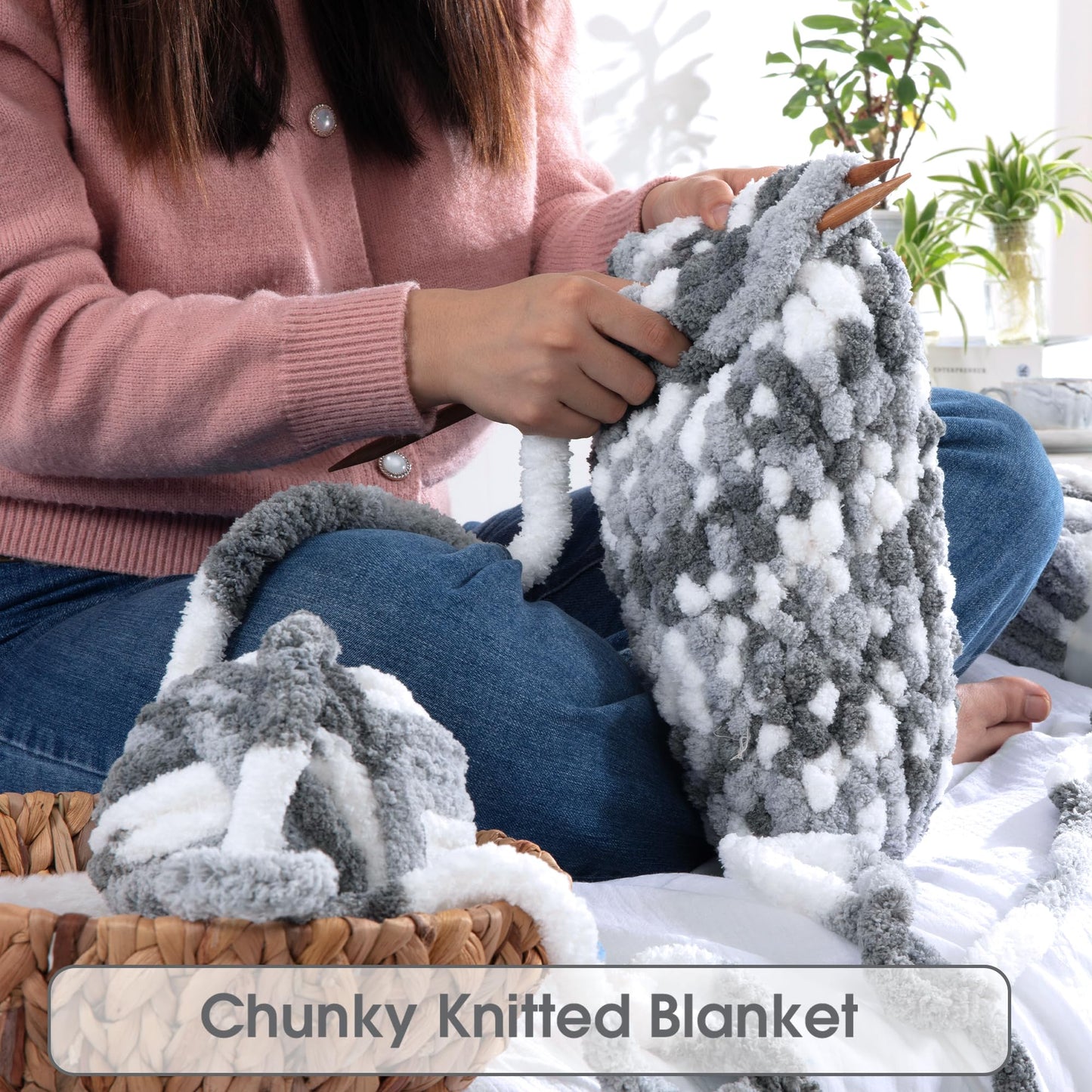 HOMBYS Dark Grey,Grey,White Variegated Chunky Chenille Yarn, 8 Skeins, 26 yd / 7.5 oz Each