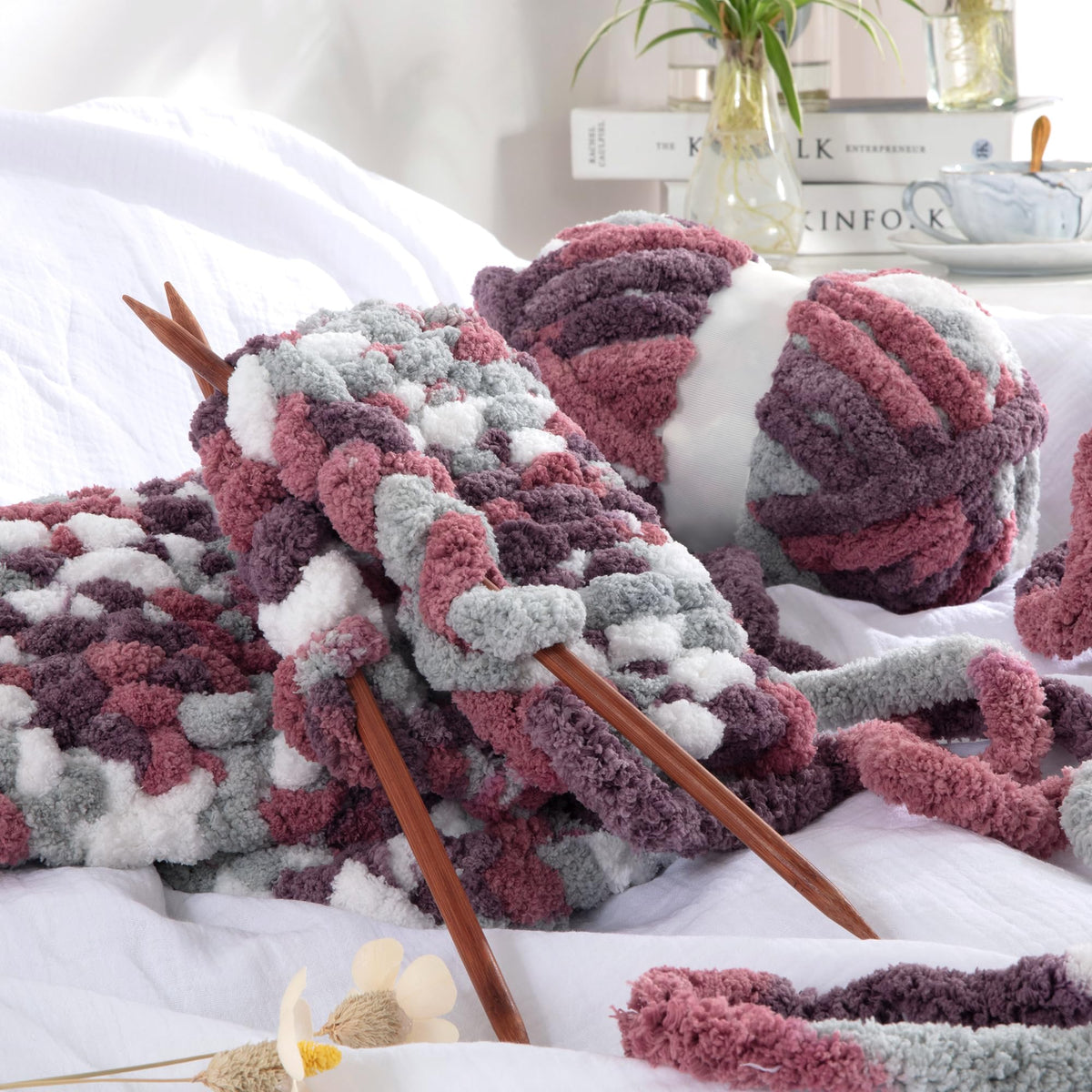 HOMBYS Red,Purple Variegated Chunky Chenille Yarn, 8 Skeins, 26 yd / 7.5 oz Each