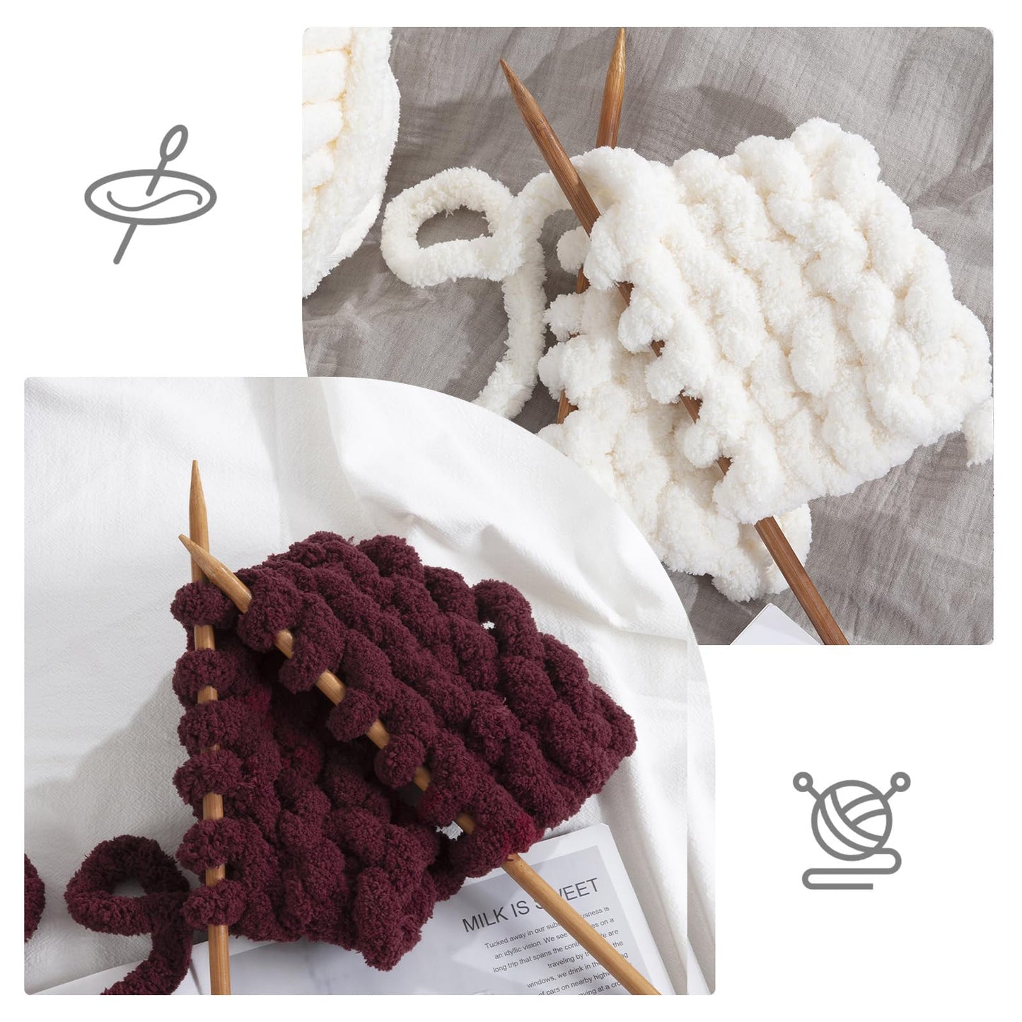 HOMBYS 4Cream+4 Wine Red Chunky Chenille Yarn, 8 Skeins, 27 yd / 8 oz Each
