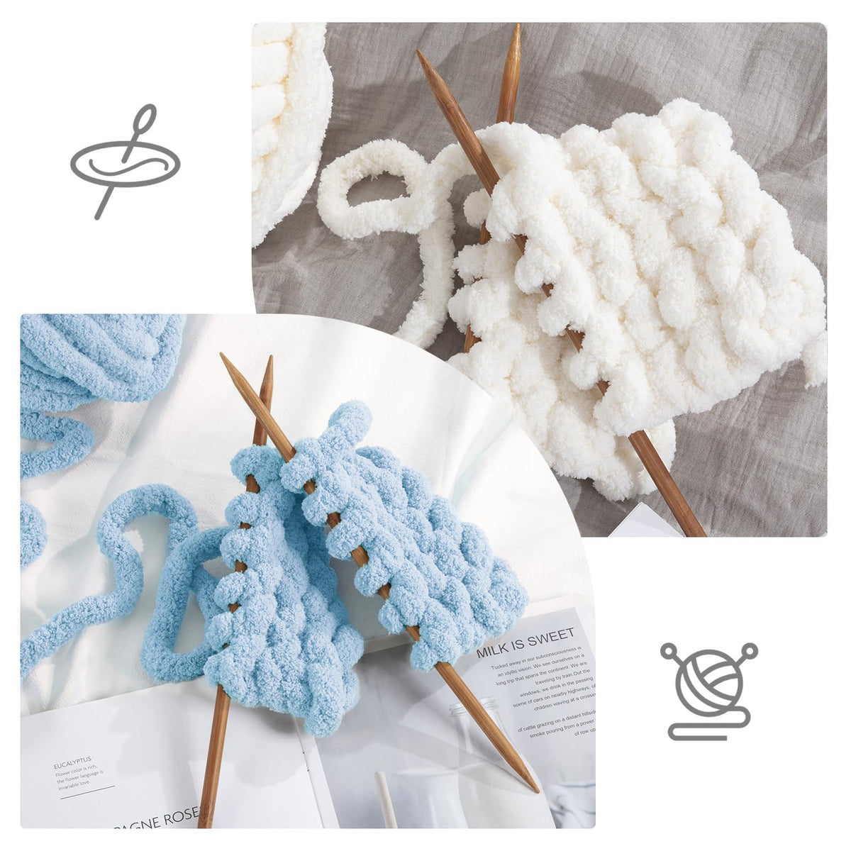 HOMBYS 4 Cream+ 4 Sky Blue Chunky Chenille Yarn, 8 Skeins, 27 yd / 8 oz Each