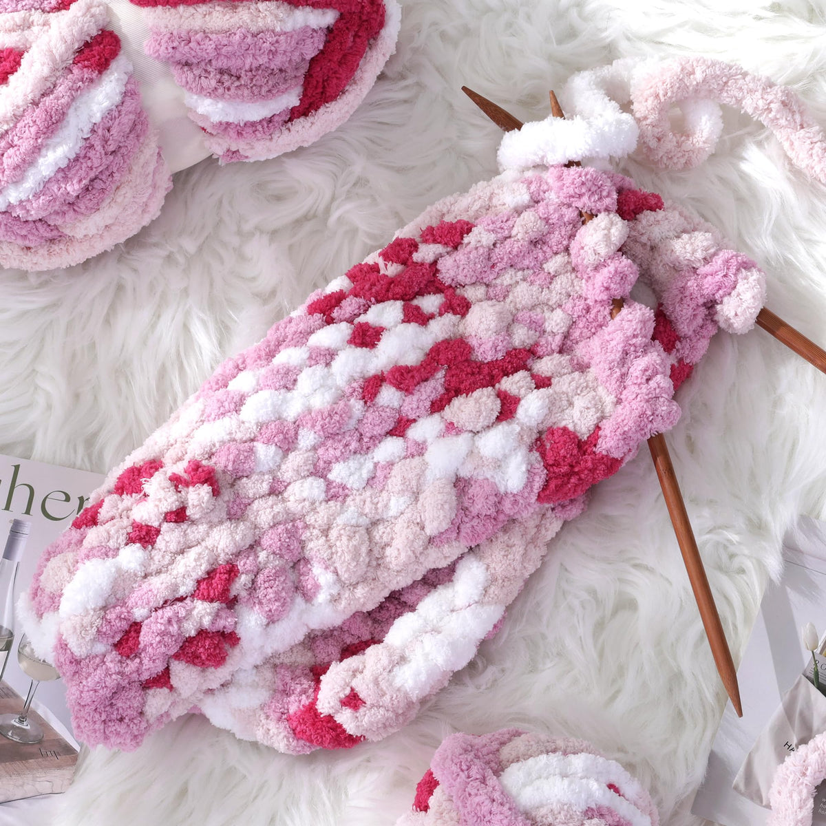 HOMBYS Rose,Pink,White Variegated Chunky Chenille Yarn, 8 Skeins, 26 yd / 7.5 oz Each