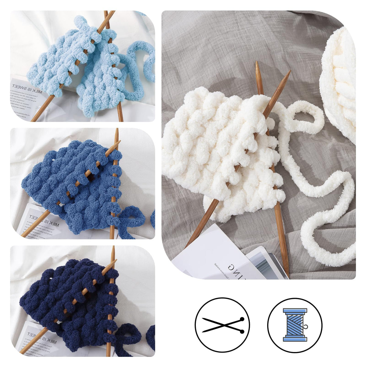 HOMBYS 2 Cream+ 2 Sky Blue+ 2 Country Blue+2 Navy Blue Chunky Chenille Yarn, 8 Skeins, 27 yd / 8 oz Each