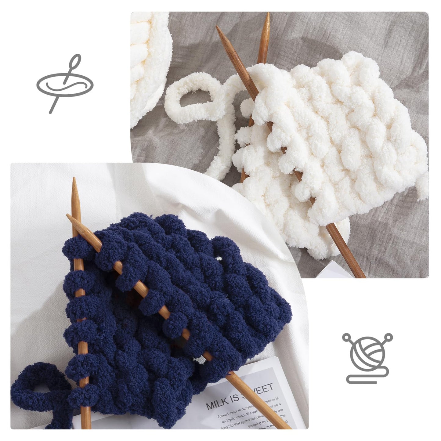 HOMBYS 4 Cream+ 4 Navy Blue Chunky Chenille Yarn, 8 Skeins, 27 yd / 8 oz Each
