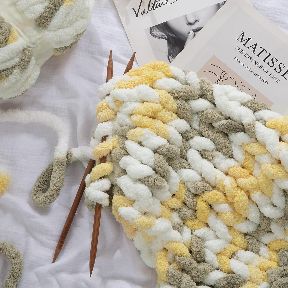 HOMBYS Yellow,grey,white Variegated Chunky Chenille Yarn, 8 Skeins, 26 yd / 7.5 oz Each