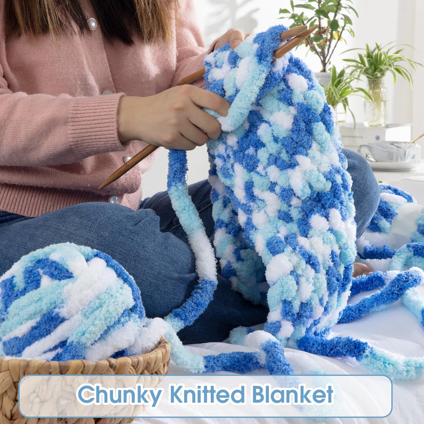 HOMBYS Blue,Sky Blue,White Variegated Chunky Chenille Yarn, 8 Skeins, 26 yd / 7.5 oz Each