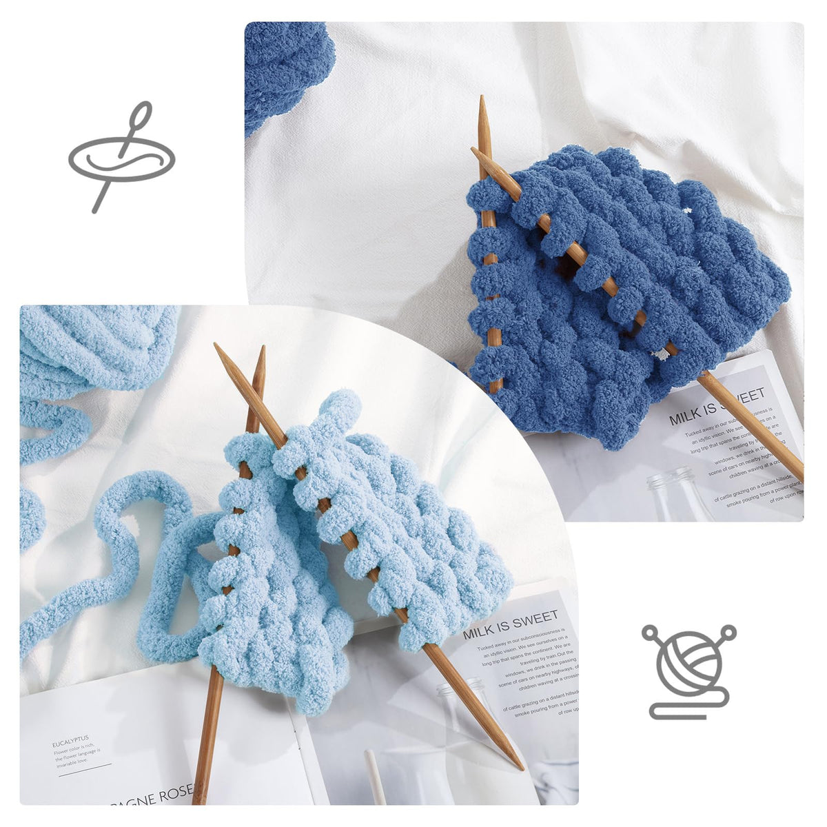 HOMBYS 4 Sky Blue+4 Country Blue Chunky Chenille Yarn, 8 Skeins, 27 yd / 8 oz Each