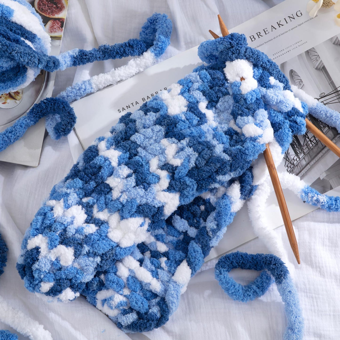 HOMBYS Blue,Light Blue,White Variegated Chunky Chenille Yarn, 8 Skeins, 26 yd / 7.5 oz Each