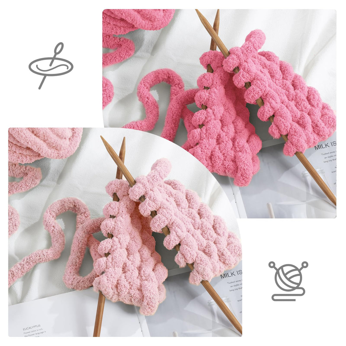 HOMBYS 4 Pink+4 Rose Red Chunky Chenille Yarn, 8 Skeins, 27 yd / 8 oz Each