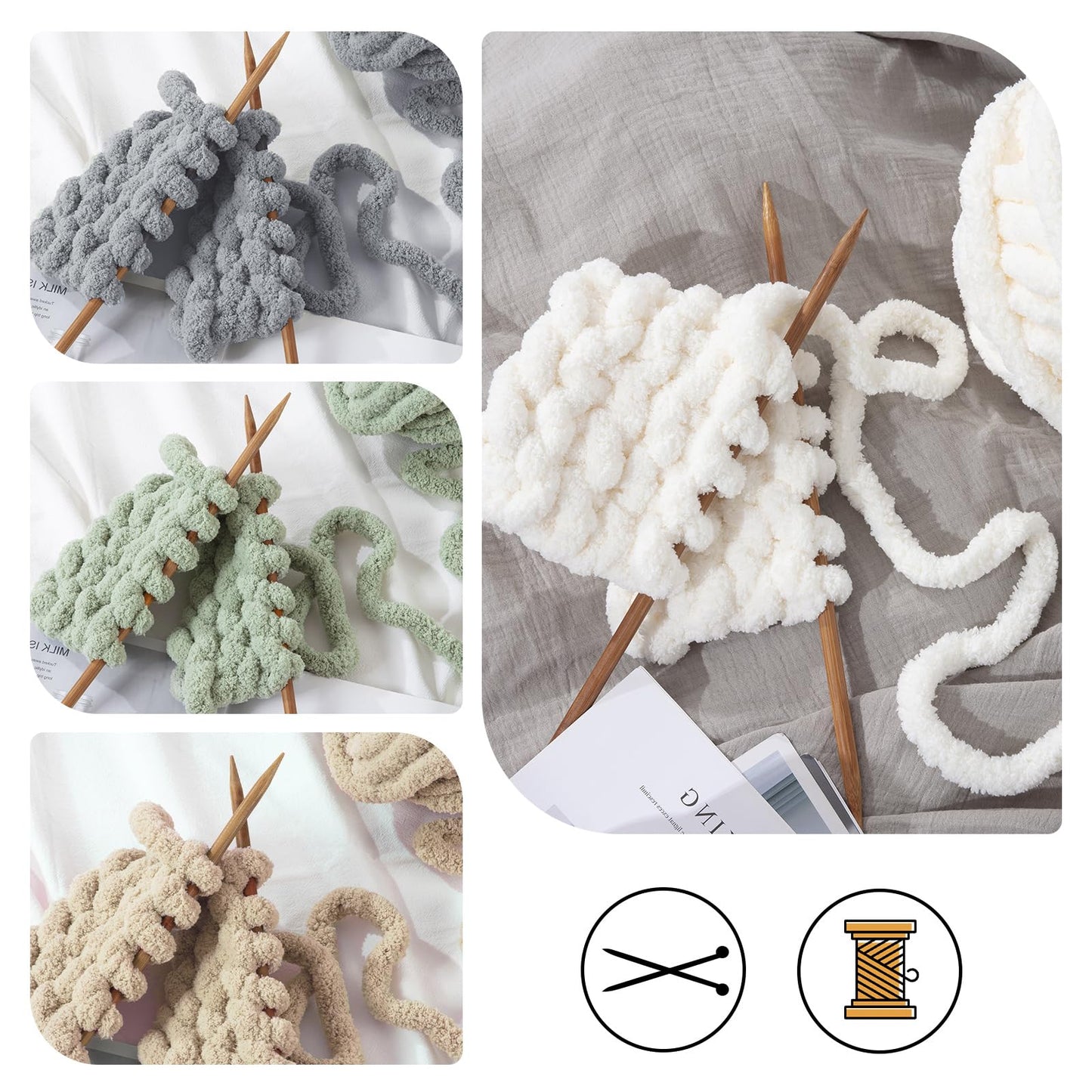 HOMBYS 2 Cream+ 2 Khaki+2 Sage+2 Grey Chunky Chenille Yarn, 8 Skeins, 27 yd / 8 oz Each