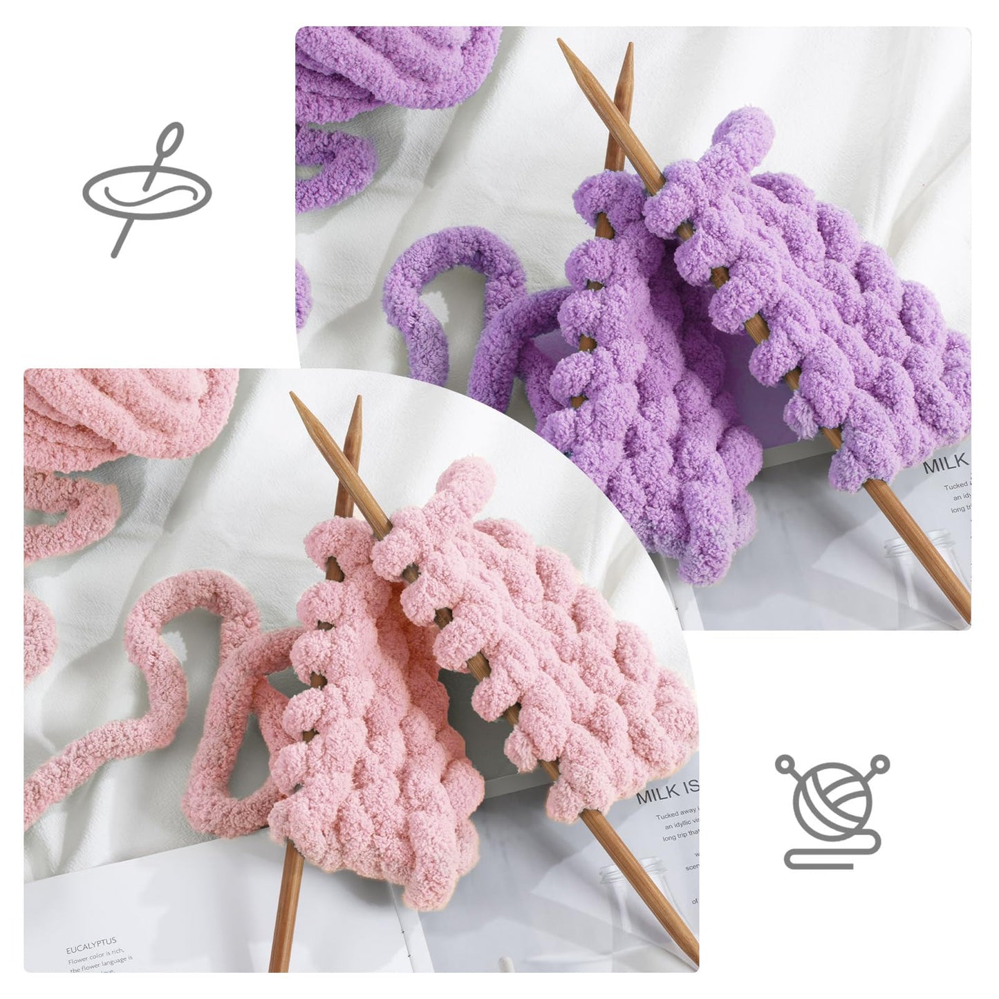 HOMBYS 4 Pink+4Purple Chunky Chenille Yarn, 8 Skeins, 27 yd / 8 oz Each