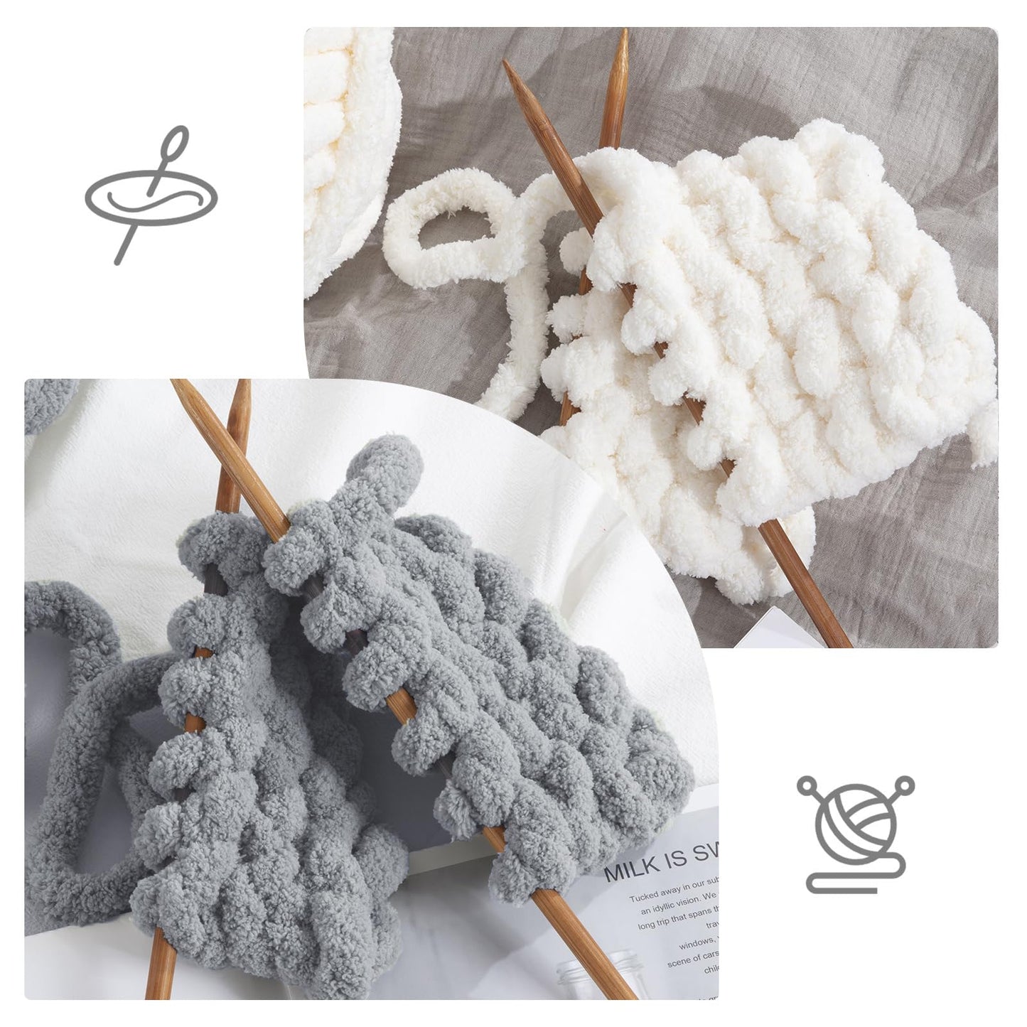 HOMBYS 4 White+4 Light Grey Chunky Chenille Yarn, 8 Skeins, 27 yd / 8 oz Each