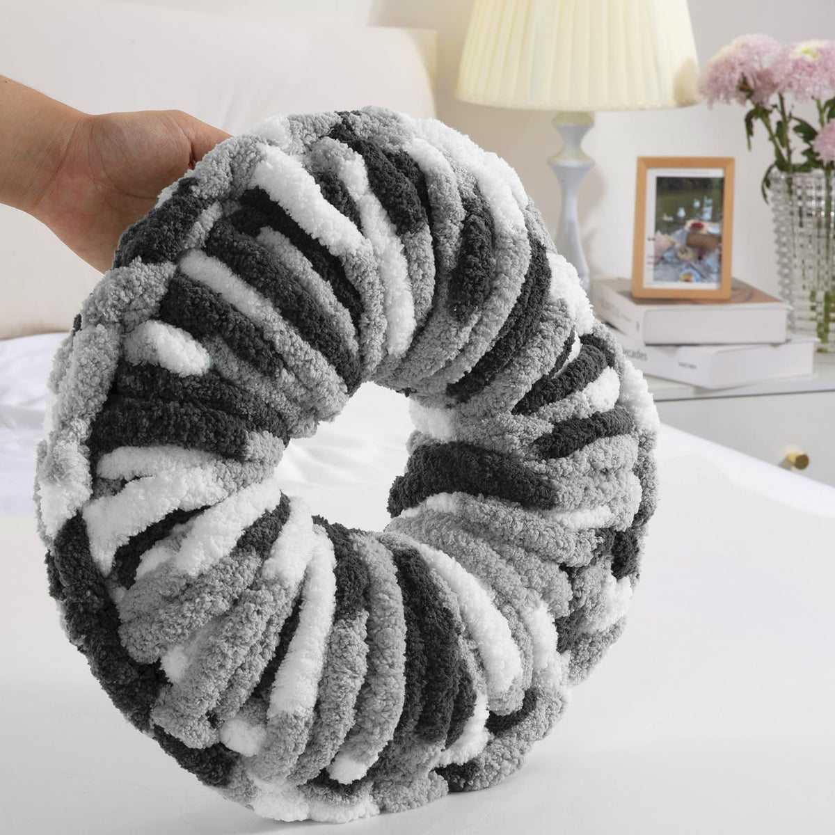 HOMBYS Black,White,Grey Variegated Chunky Chenille Yarn, 8 Skeins, 26 yd / 7.5 oz Each