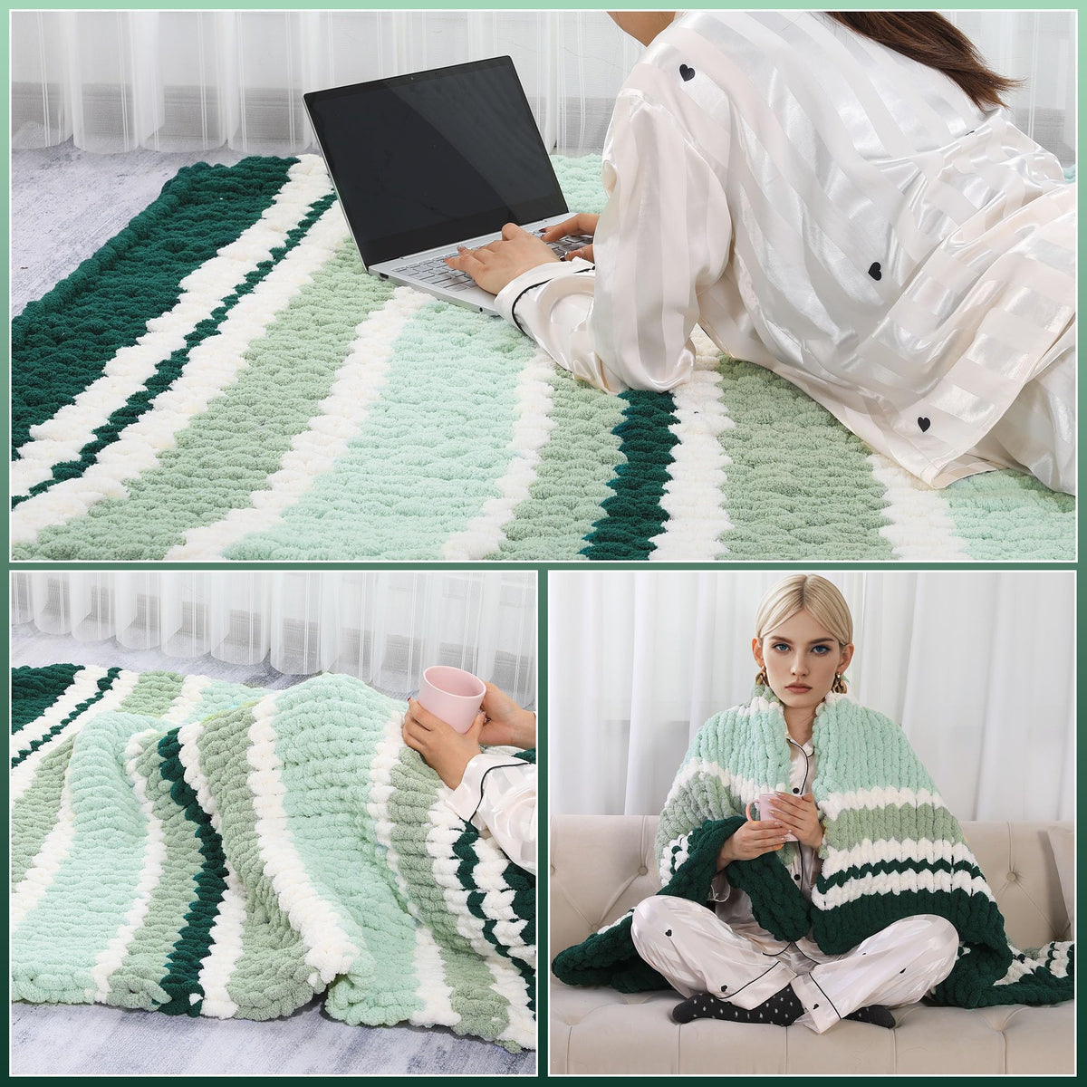 HOMBYS Green Gradient + White Chunky Chenille Yarn, 8 Skeins, 27 yd / 8 oz Each