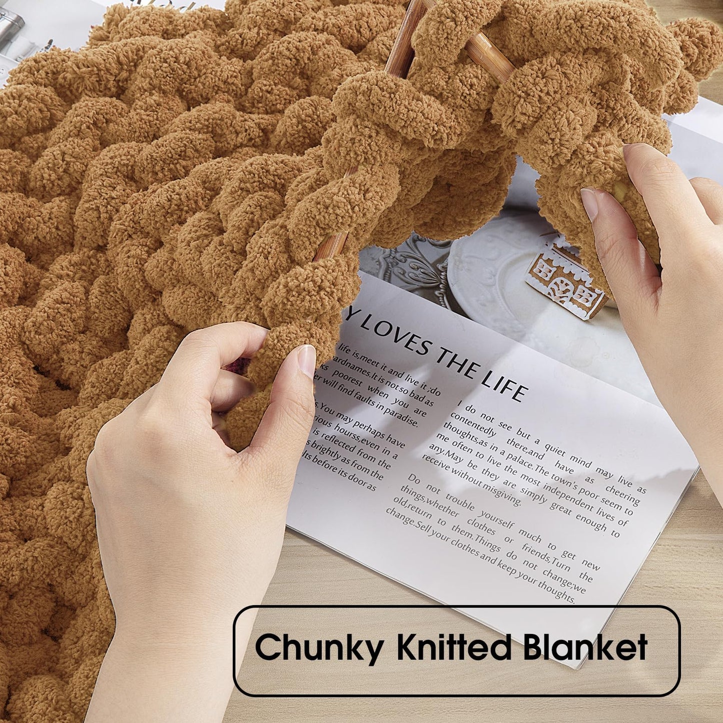 HOMBYS 4 Khaki & 4 Coffee Chunky Chenille Yarn, 8 Skeins, 27 yd / 8 oz Each