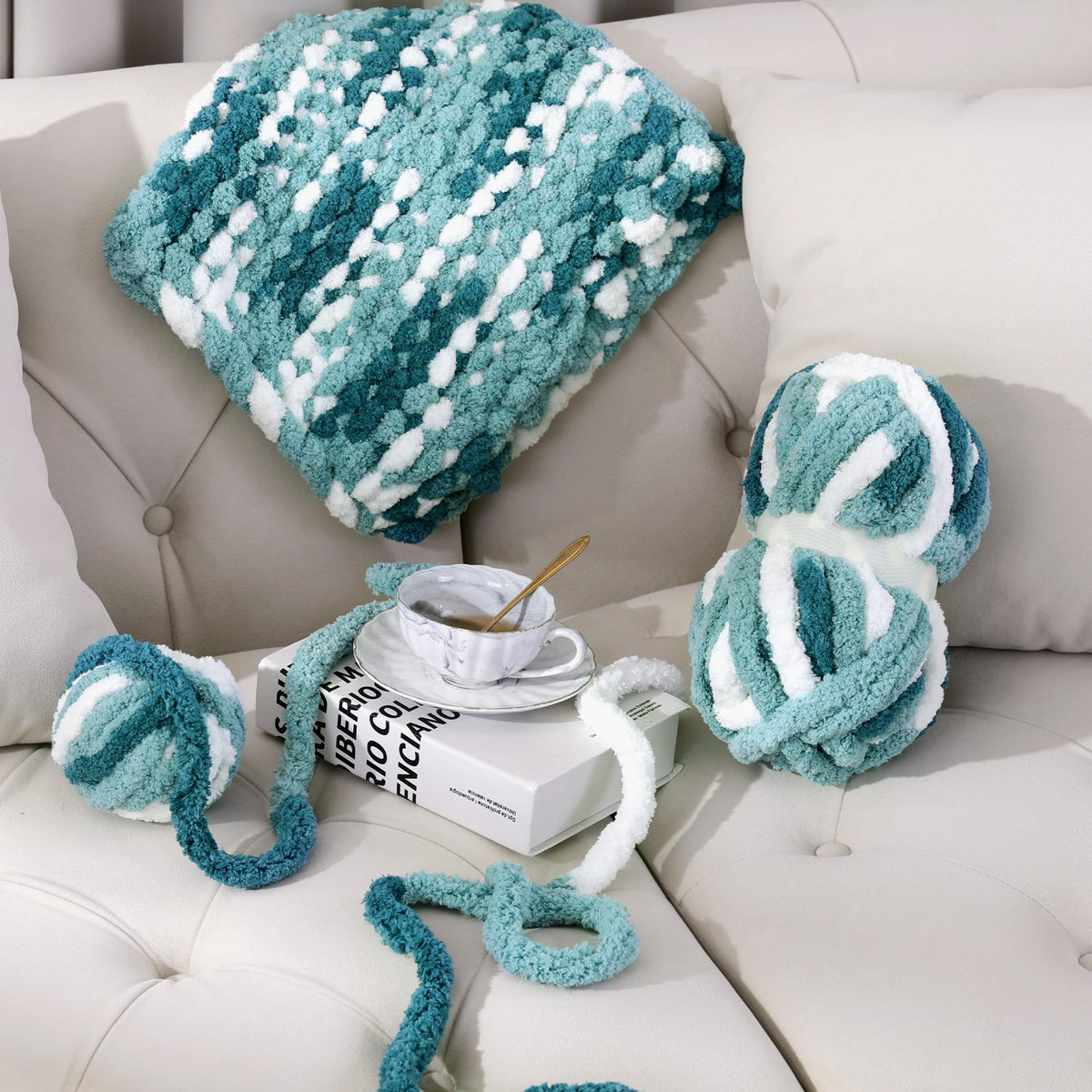 HOMBYS Blue Multi,White Variegated Chunky Chenille Yarn, 8 Skeins, 26 yd / 7.5 oz Each
