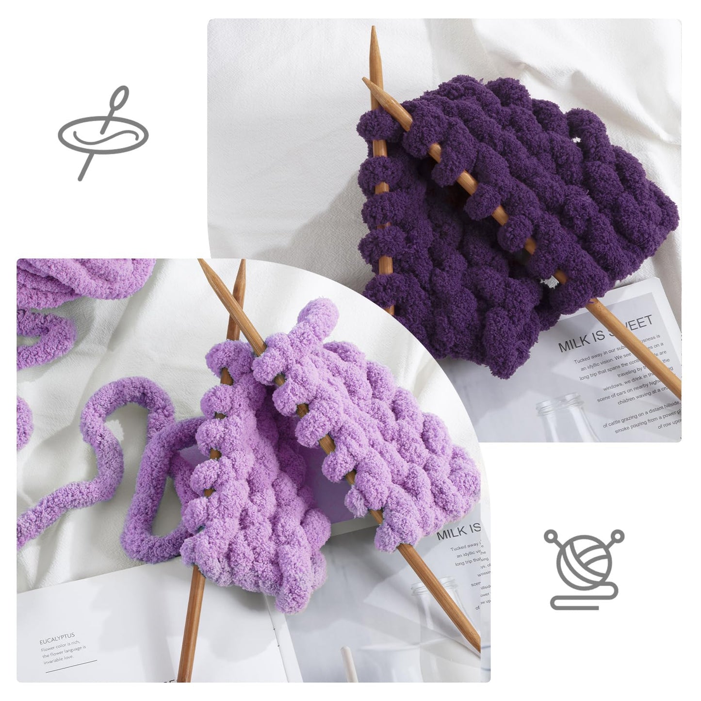 HOMBYS Purple & Dark Purple Chunky Chenille Yarn, 8 Skeins, 27 yd / 8 oz Each
