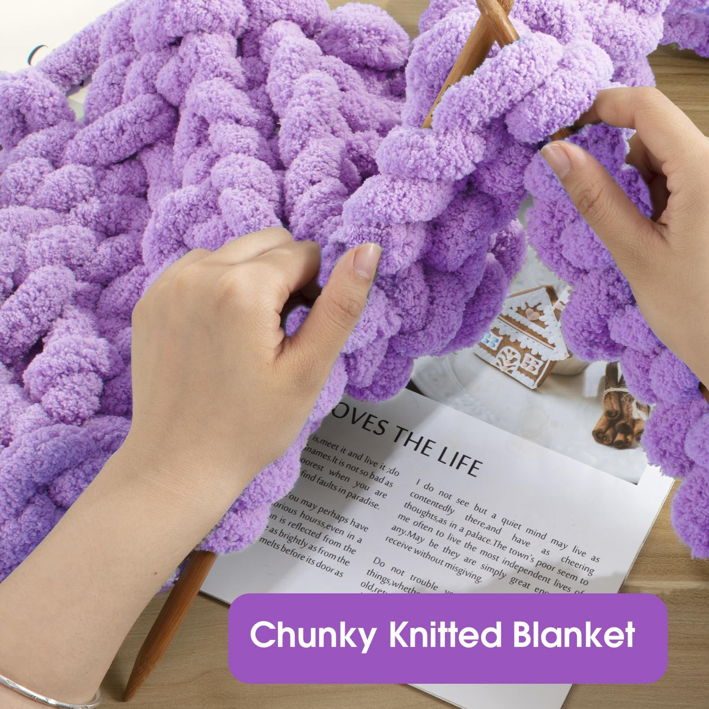 HOMBYS 4 Cream+4 Purple Chunky Chenille Yarn, 8 Skeins, 27 yd / 8 oz Each
