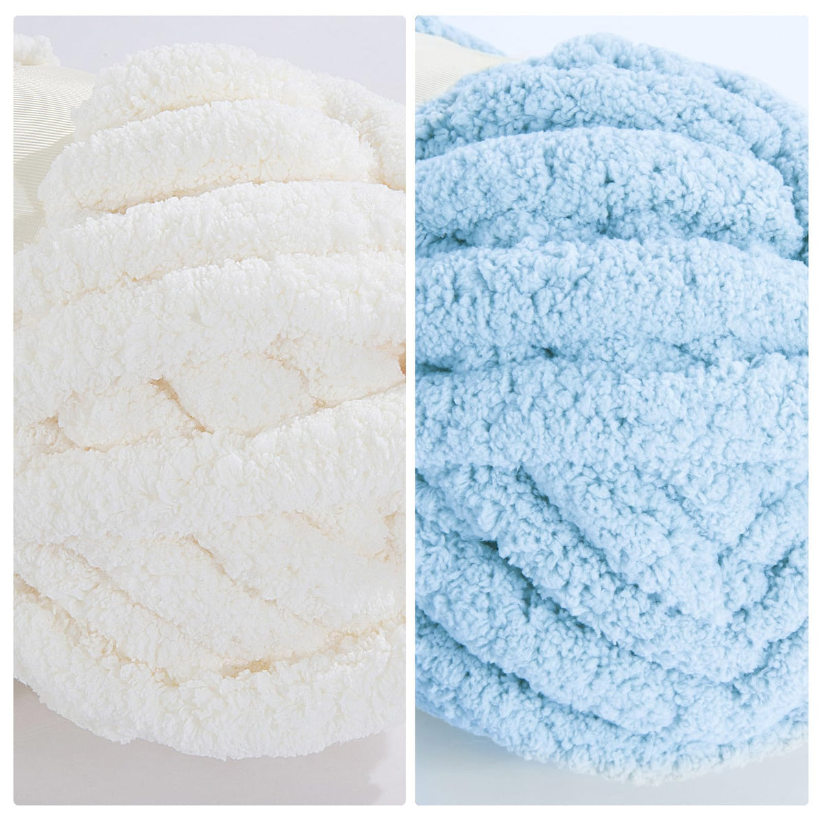 HOMBYS 4 Cream+ 4 Sky Blue Chunky Chenille Yarn, 8 Skeins, 27 yd / 8 oz Each