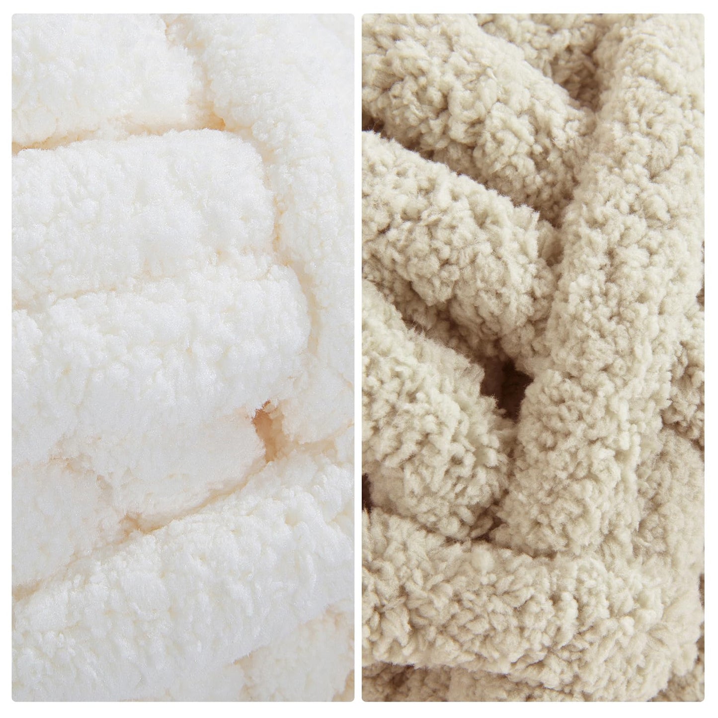 HOMBYS 4 White+4 Khaki Chunky Chenille Yarn, 8 Skeins, 27 yd / 8 oz Each