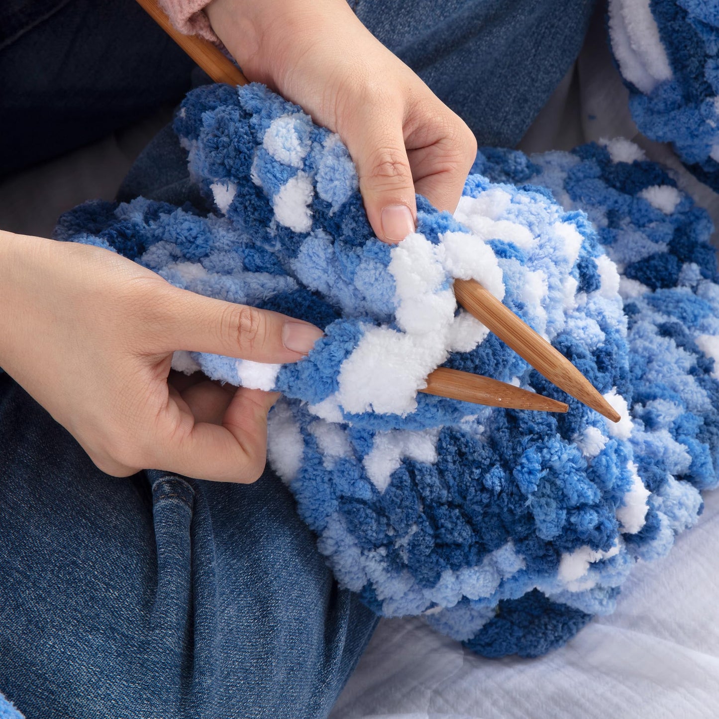 HOMBYS Blue,Light Blue,White Variegated Chunky Chenille Yarn, 8 Skeins, 26 yd / 7.5 oz Each