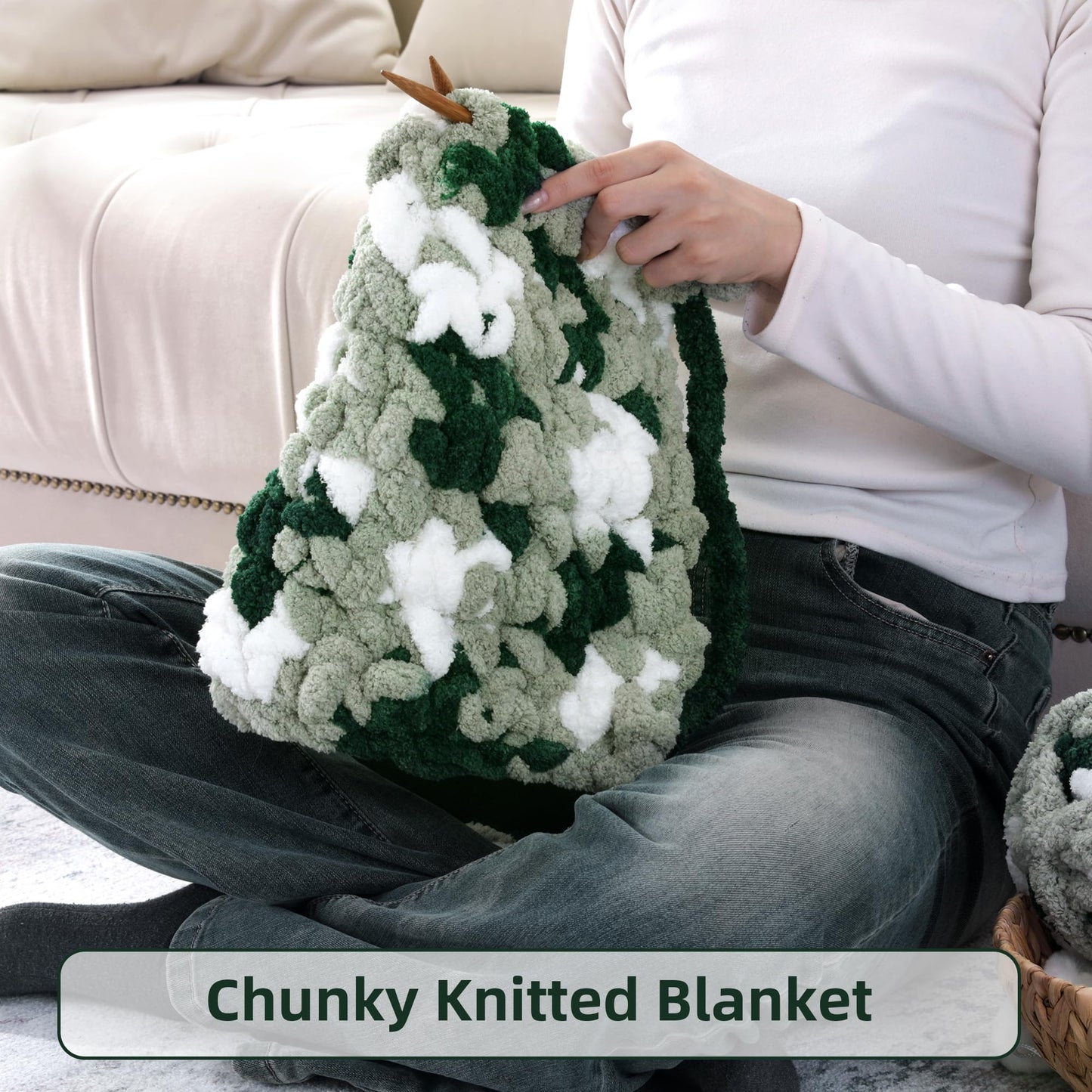 HOMBYS Green Multi,White Variegated Chunky Chenille Yarn, 8 Skeins, 26 yd / 7.5 oz Each