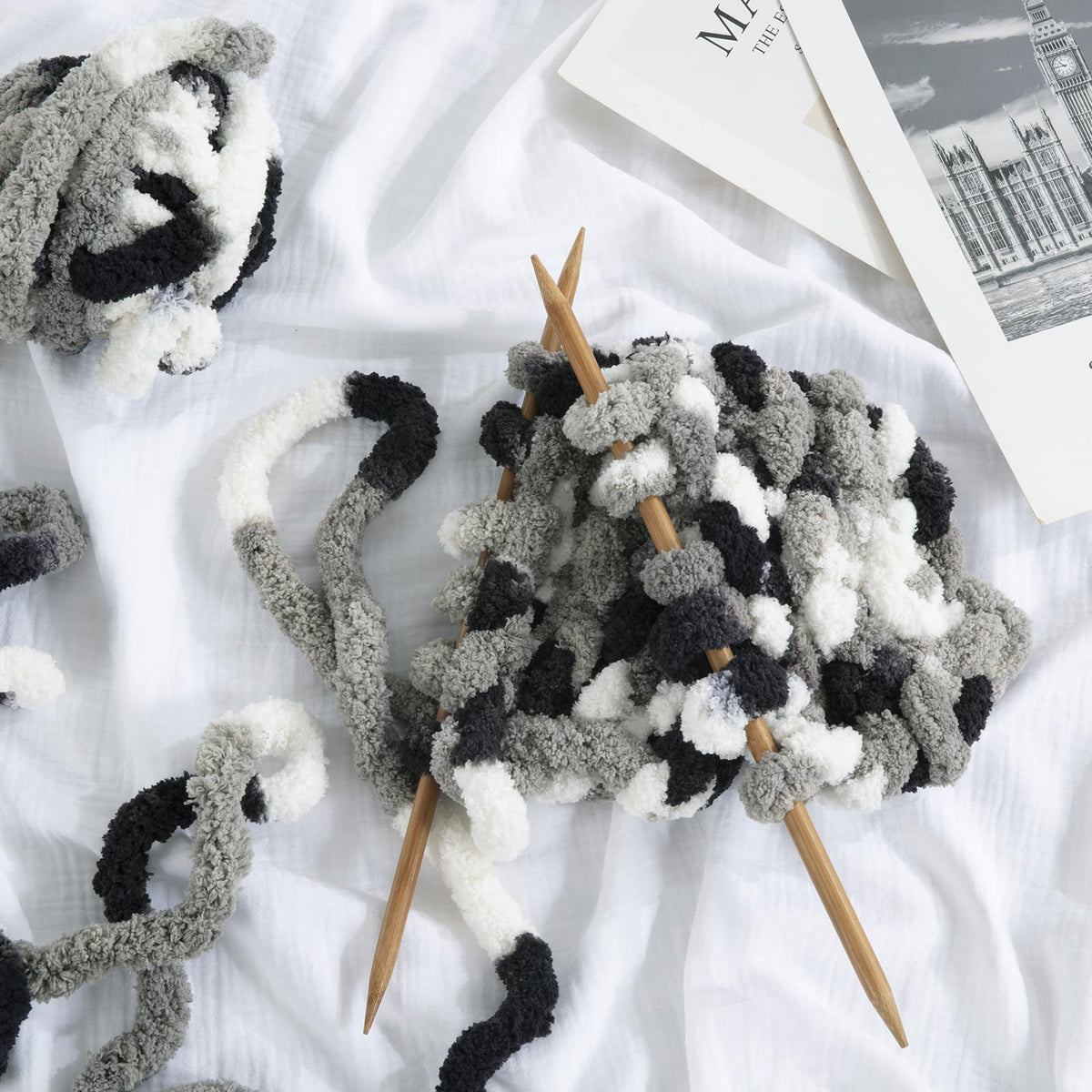 HOMBYS Black,White,Grey Variegated Chunky Chenille Yarn, 8 Skeins, 26 yd / 7.5 oz Each