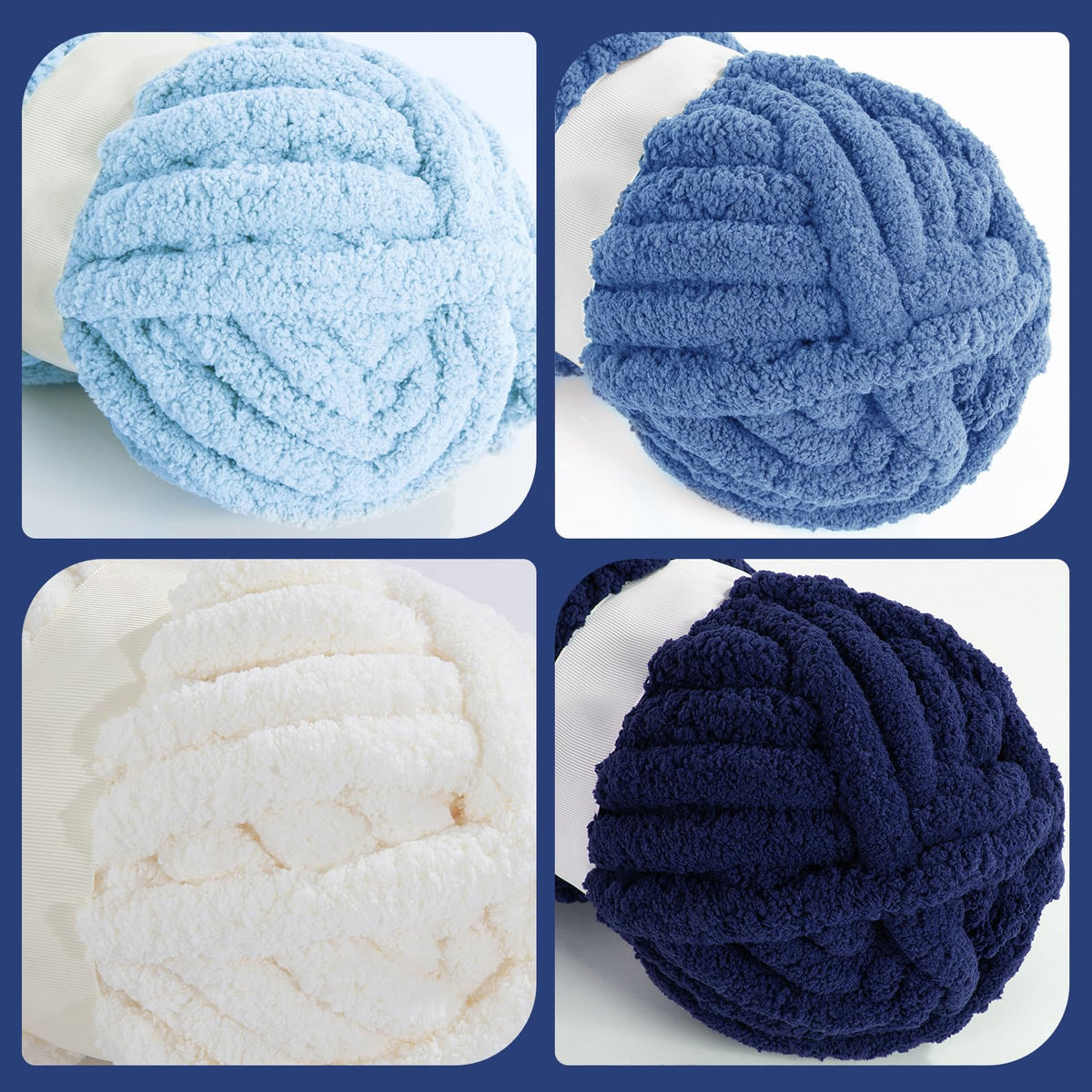 HOMBYS 2 Cream+ 2 Sky Blue+ 2 Country Blue+2 Navy Blue Chunky Chenille Yarn, 8 Skeins, 27 yd / 8 oz Each