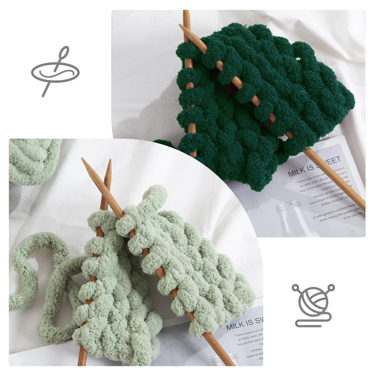 HOMBYS 4 Green & 4 Dark Green Chunky Chenille Yarn, 8 Skeins, 27 yd / 8 oz Each