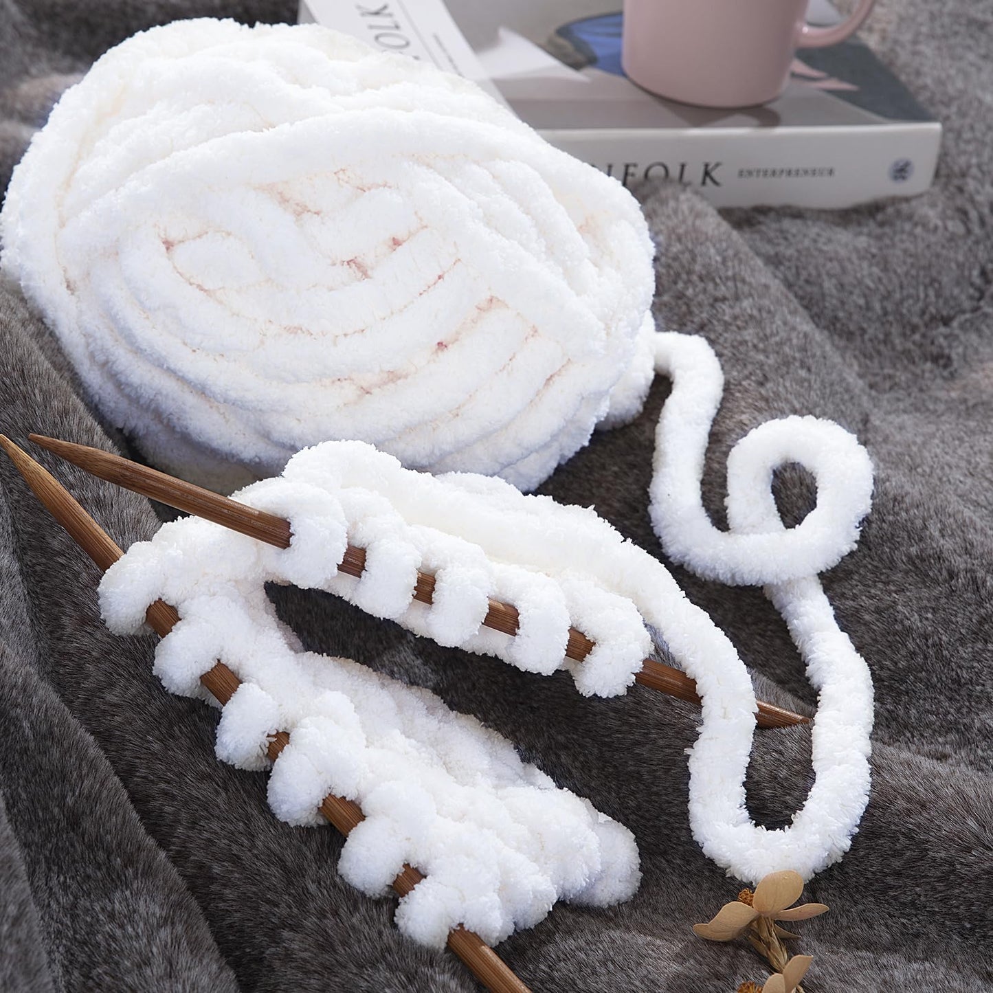 HOMBYS Pure White Chunky Chenille Yarn, 8 Skeins, 27 yd / 8 oz Each