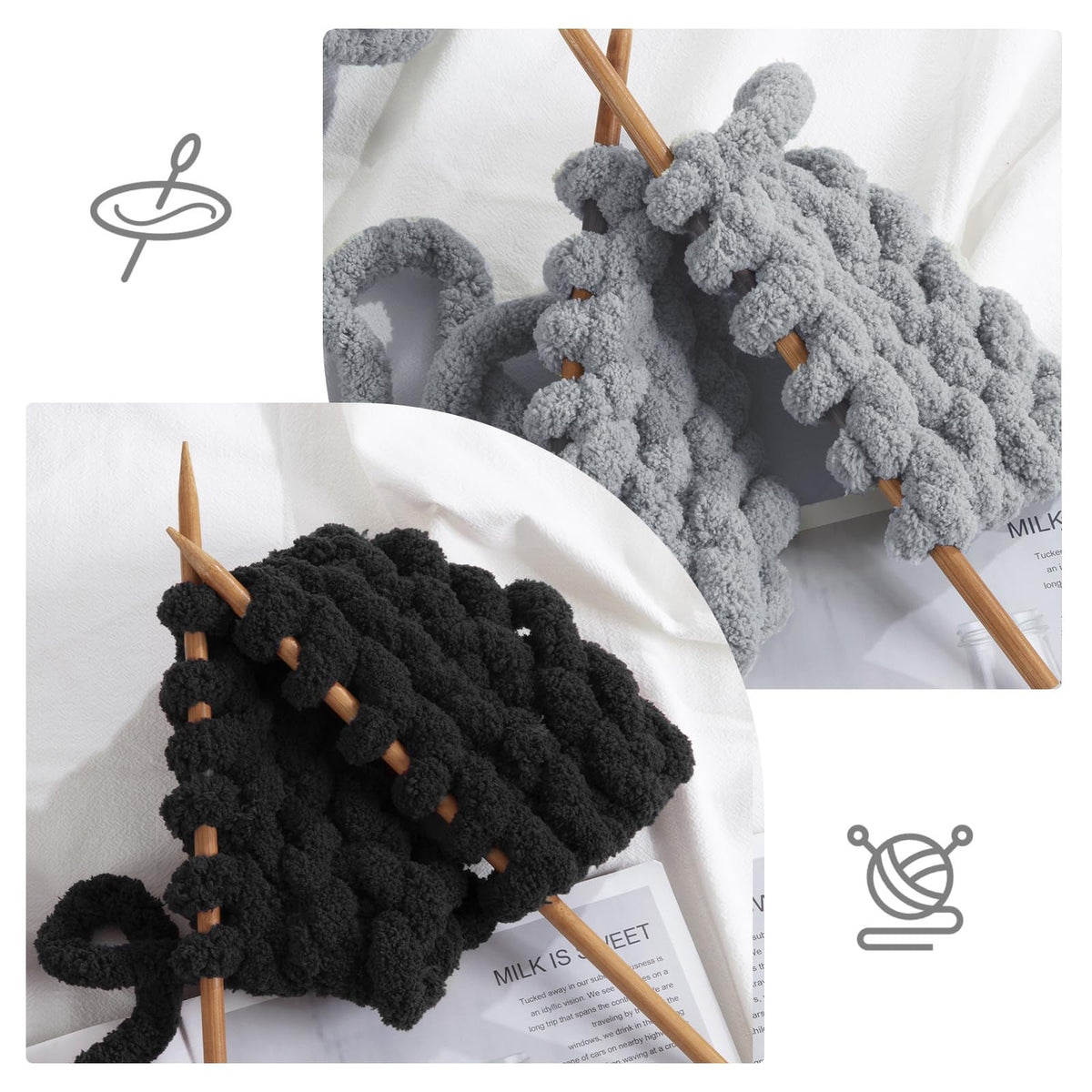 HOMBYS 4 Black +4 Medium Grey Chunky Chenille Yarn, 8 Skeins, 27 yd / 8 oz Each