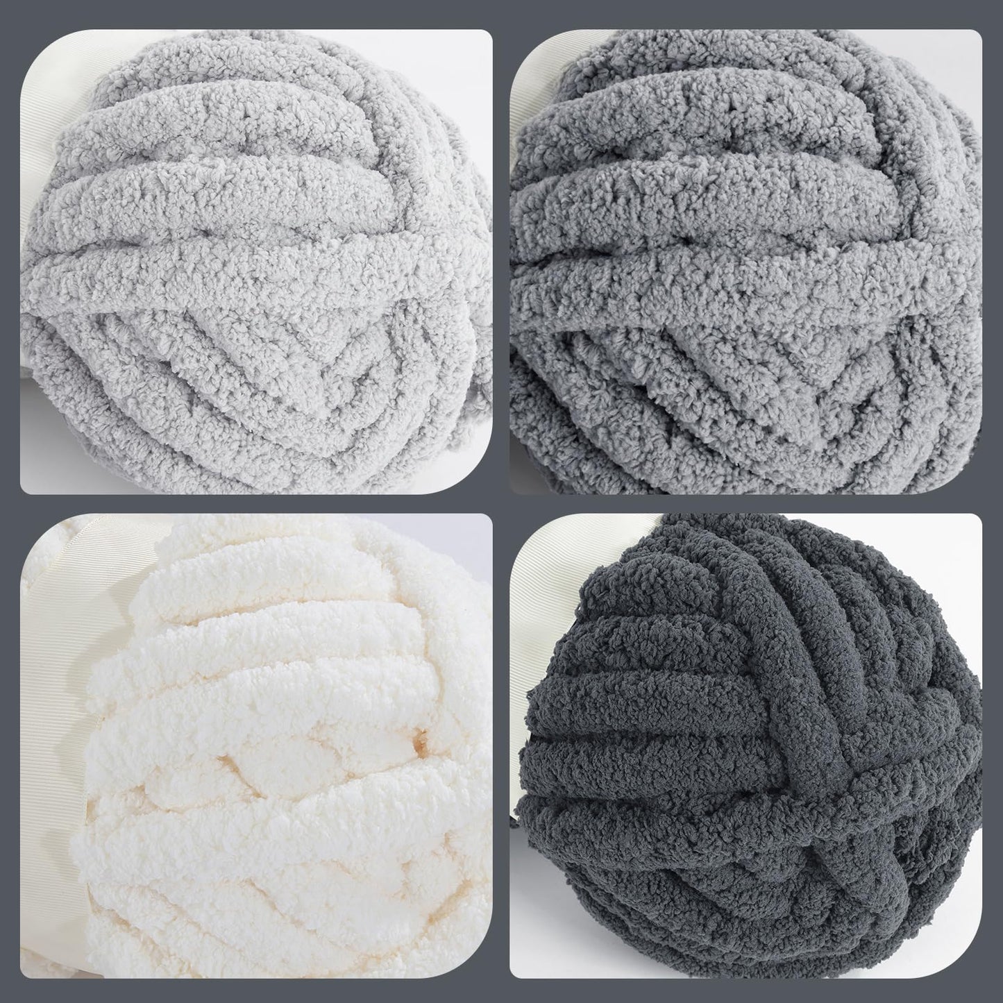 HOMBYS 2Cream+2 Light Grey+2 Medium Grey+2 Dark Grey Chunky Chenille Yarn, 8 Skeins, 27 yd / 8 oz Each