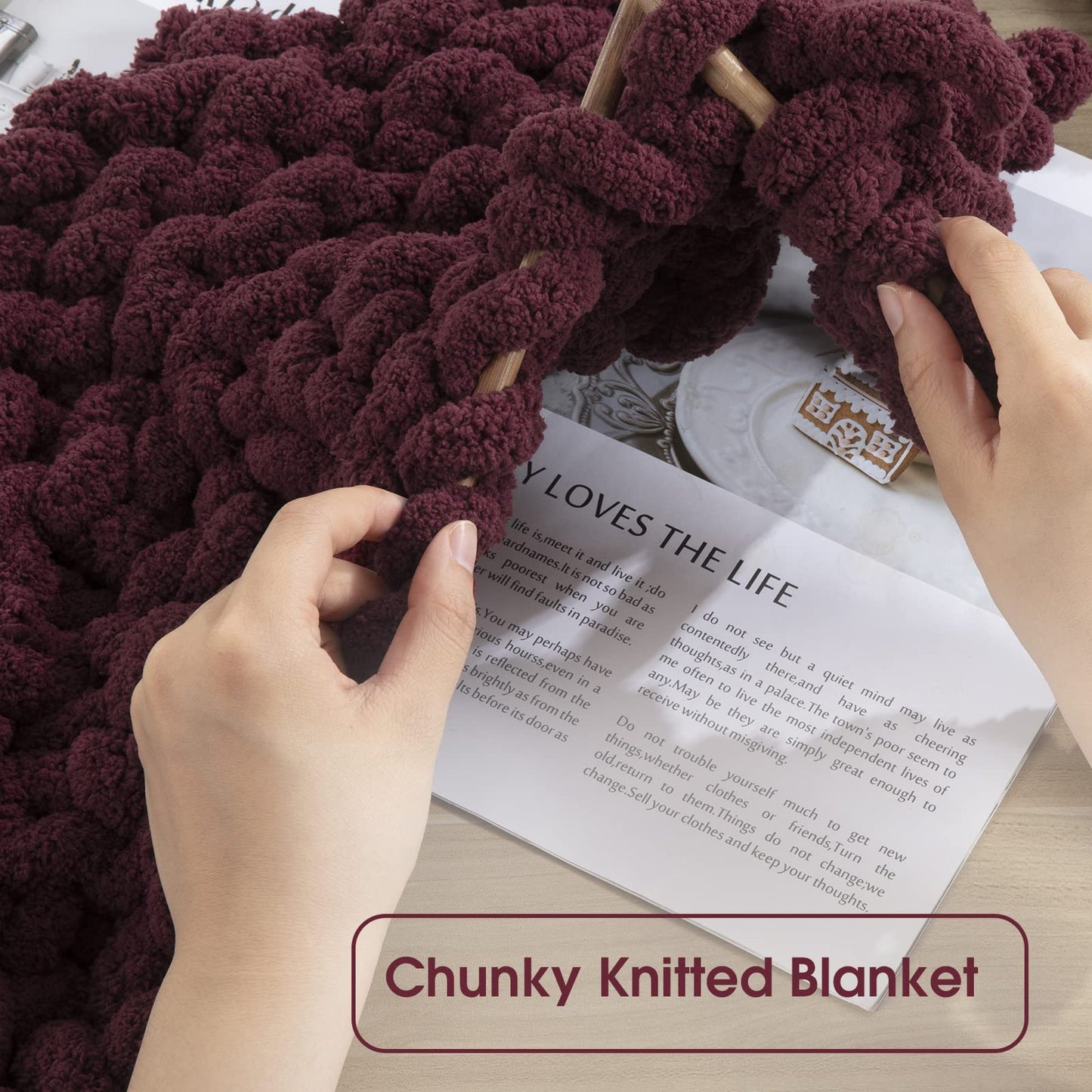 HOMBYS 4Cream+4 Wine Red Chunky Chenille Yarn, 8 Skeins, 27 yd / 8 oz Each