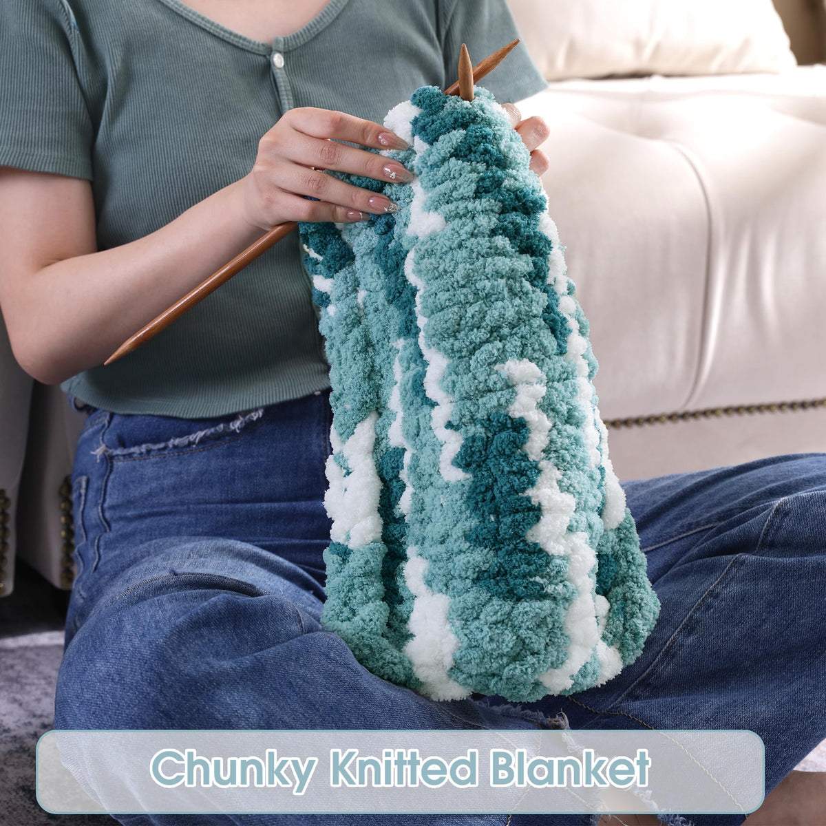 HOMBYS Blue Multi,White Variegated Chunky Chenille Yarn, 8 Skeins, 26 yd / 7.5 oz Each