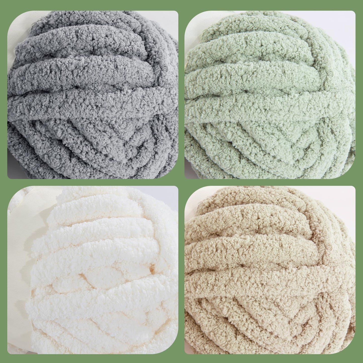 HOMBYS 2 Cream+ 2 Khaki+2 Sage+2 Grey Chunky Chenille Yarn, 8 Skeins, 27 yd / 8 oz Each