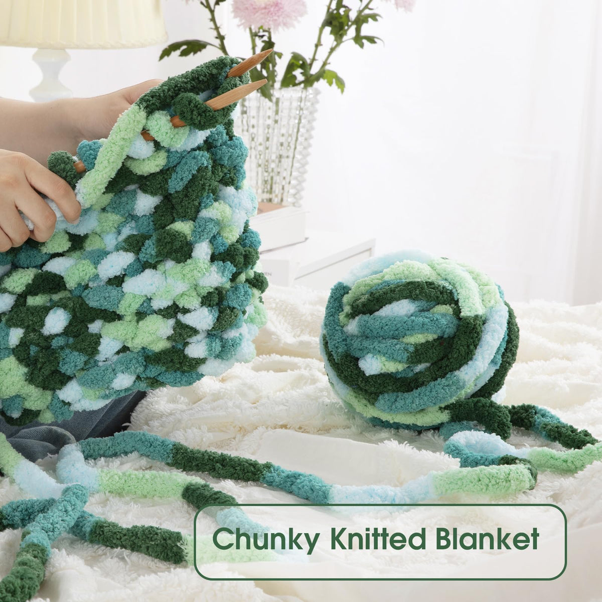HOMBYS Mint,Teal,Green Variegated Chunky Chenille Yarn, 8 Skeins, 26 yd / 7.5 oz Each