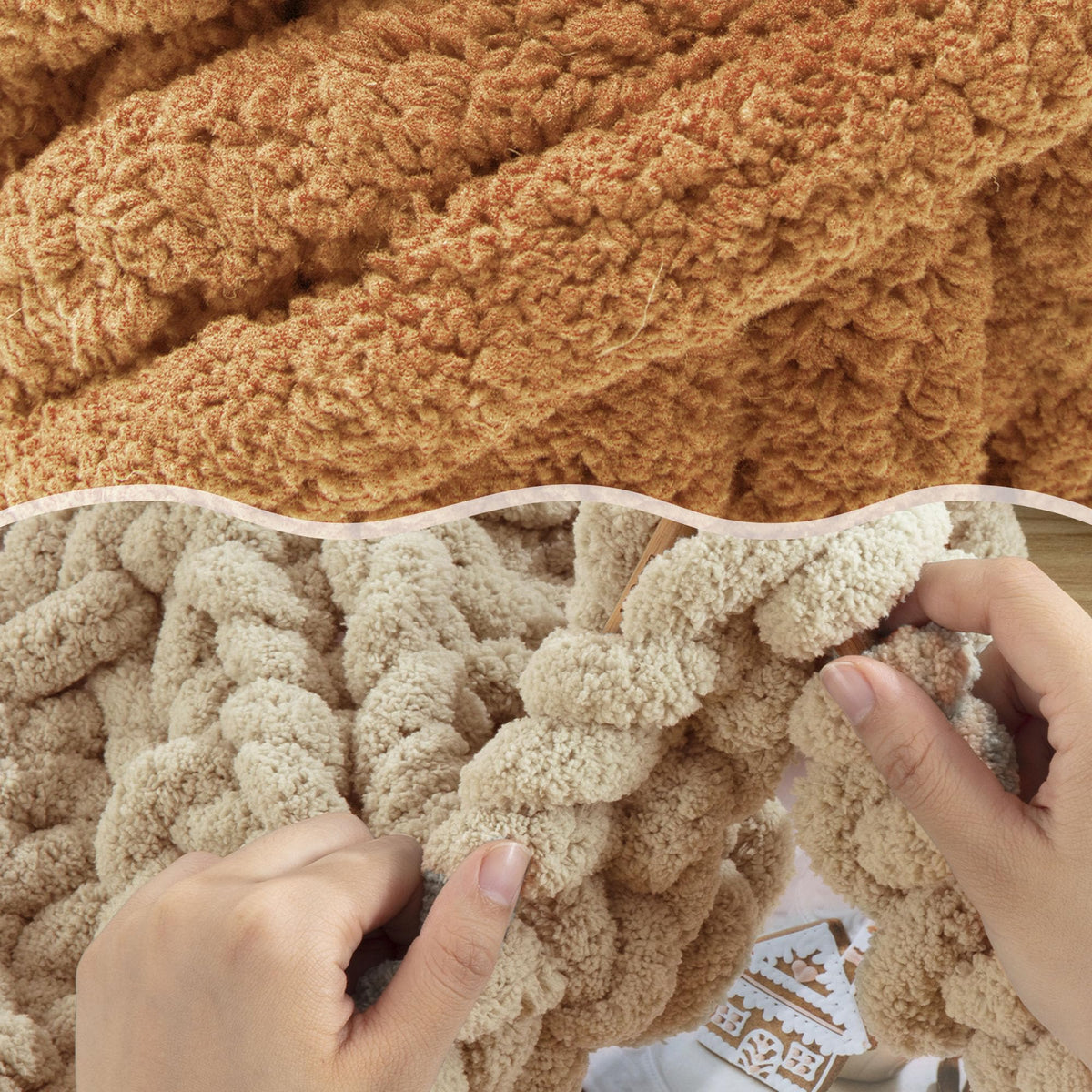 HOMBYS Khaki Gradient + White Chunky Chenille Yarn, 8 Skeins, 27 yd / 8 oz Each
