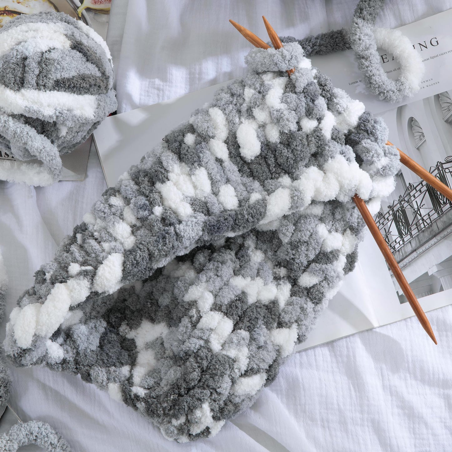 HOMBYS Dark Grey,Grey,White Variegated Chunky Chenille Yarn, 8 Skeins, 26 yd / 7.5 oz Each