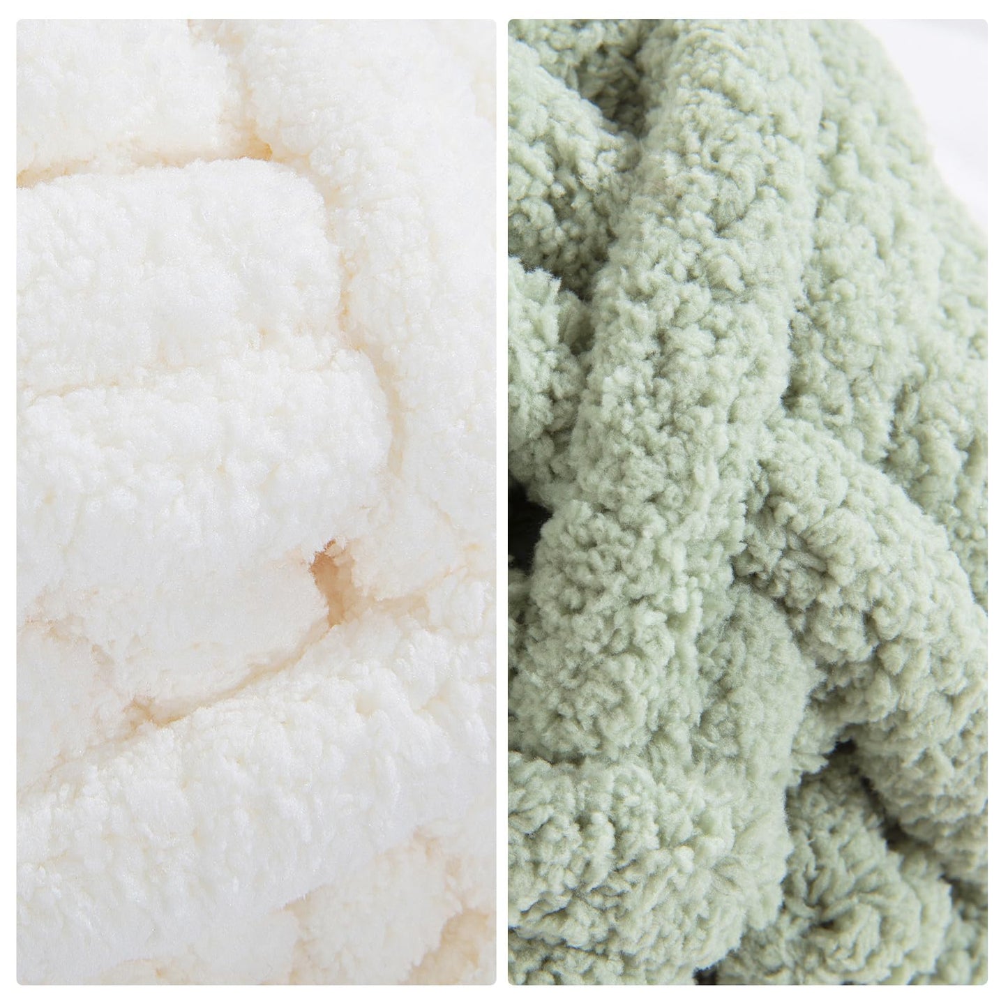 HOMBYS 4 White+4 Sage Green Chunky Chenille Yarn, 8 Skeins, 27 yd / 8 oz Each
