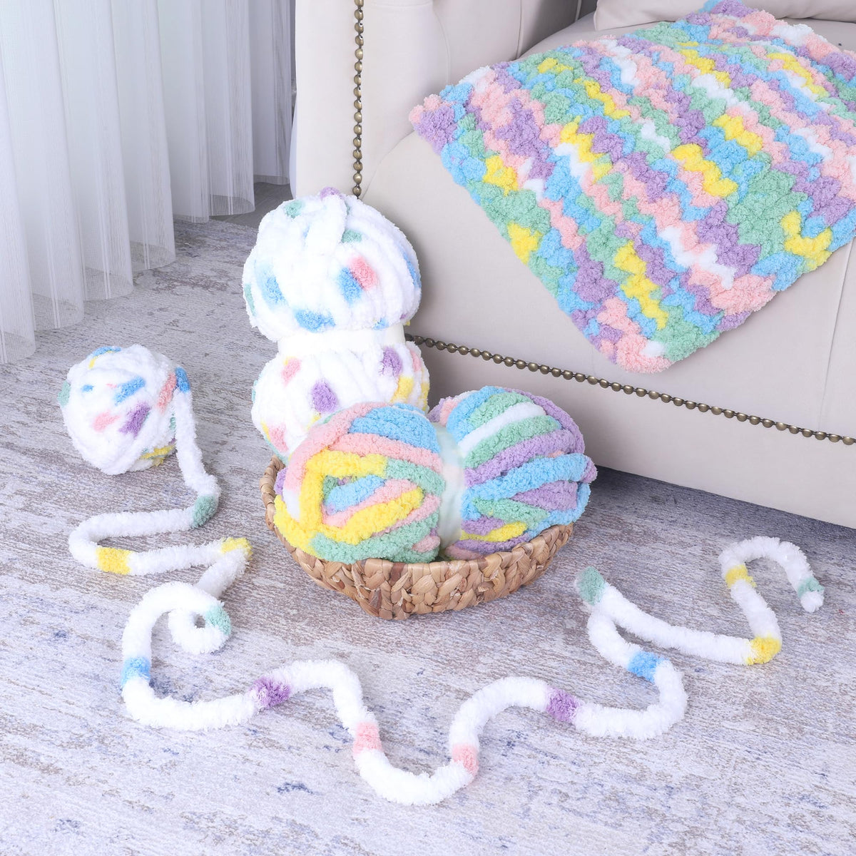 HOMBYS Rainbow,White Variegated Chunky Chenille Yarn, 8 Skeins, 26 yd / 7.5 oz Each
