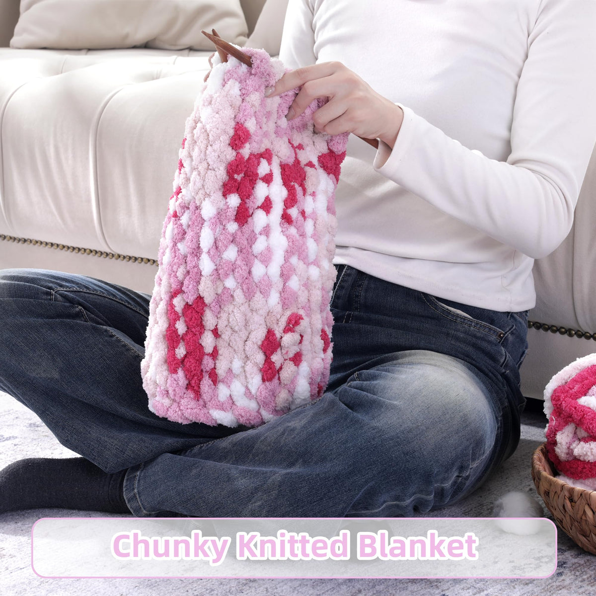 HOMBYS Rose,Pink,White Variegated Chunky Chenille Yarn, 8 Skeins, 26 yd / 7.5 oz Each