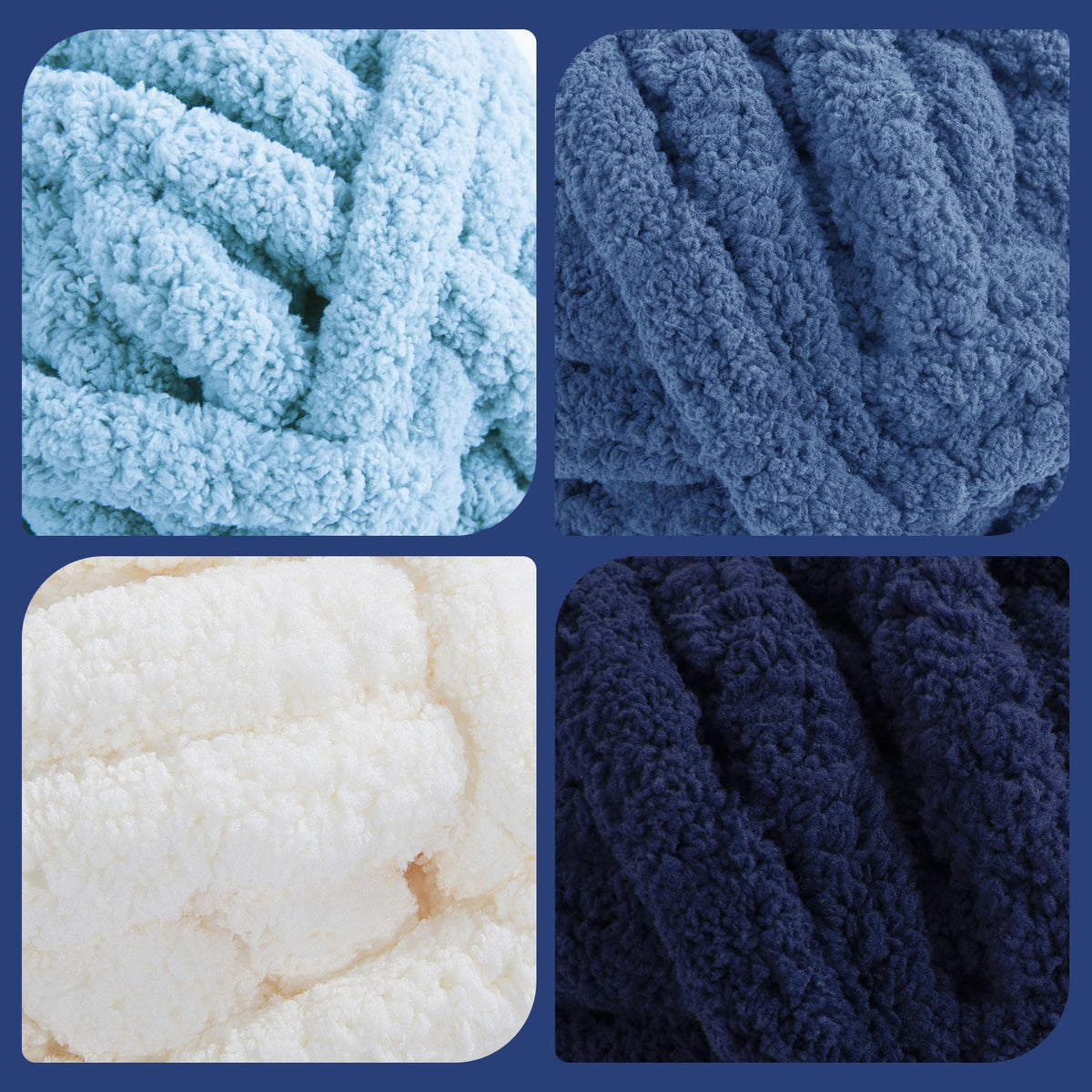 HOMBYS 2 Cream+ 2 Sky Blue+ 2 Country Blue+2 Navy Blue Chunky Chenille Yarn, 8 Skeins, 27 yd / 8 oz Each