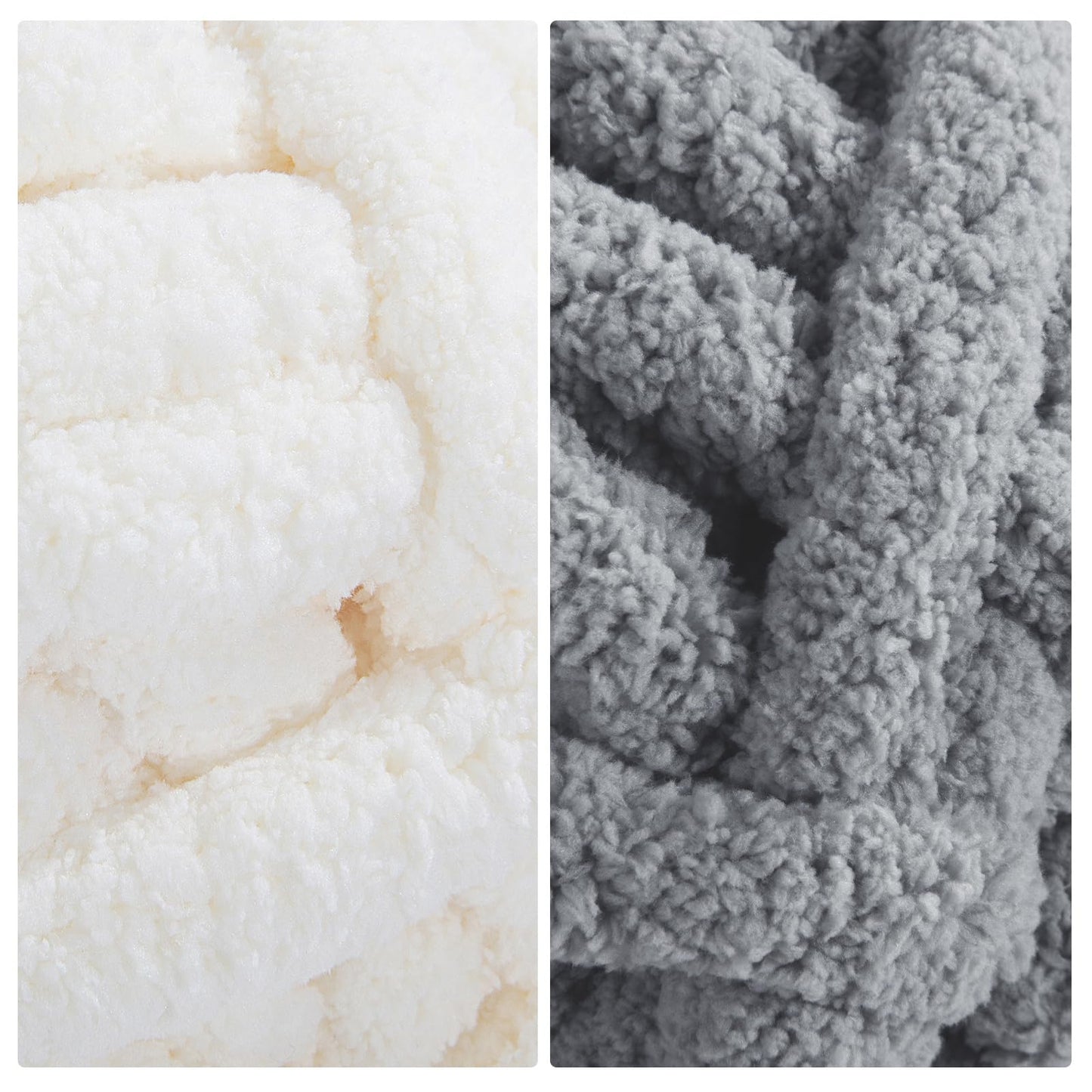 HOMBYS 4 White+4 Light Grey Chunky Chenille Yarn, 8 Skeins, 27 yd / 8 oz Each