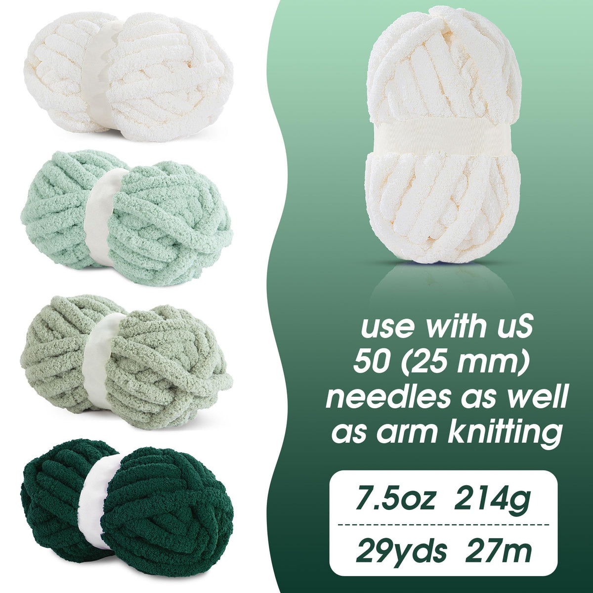 HOMBYS Green Gradient + White Chunky Chenille Yarn, 8 Skeins, 27 yd / 8 oz Each