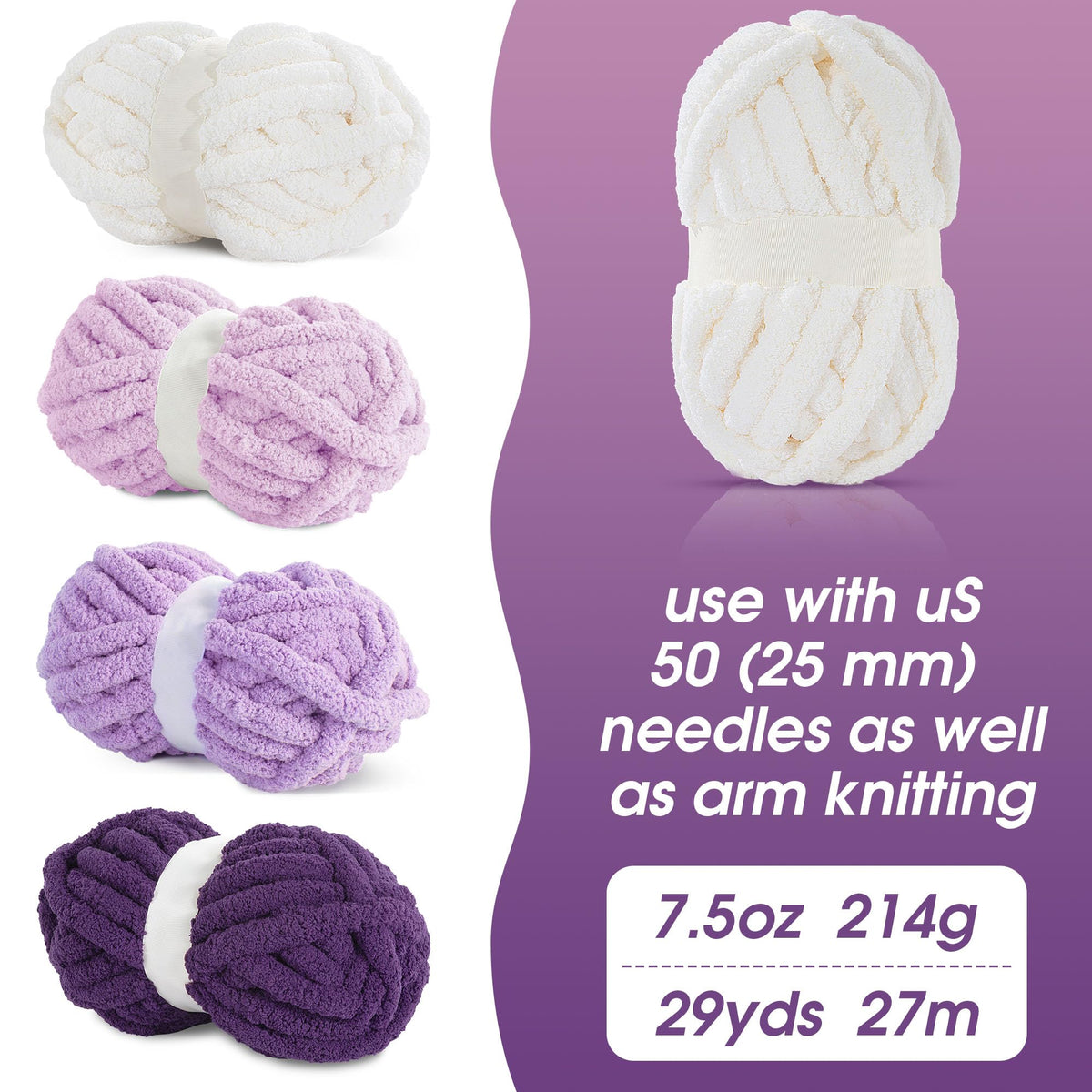 HOMBYS Purple Gradient + White Chunky Chenille Yarn, 8 Skeins, 27 yd / 8 oz Each