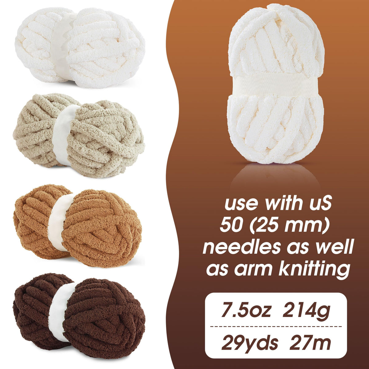 HOMBYS Khaki Gradient + White Chunky Chenille Yarn, 8 Skeins, 27 yd / 8 oz Each