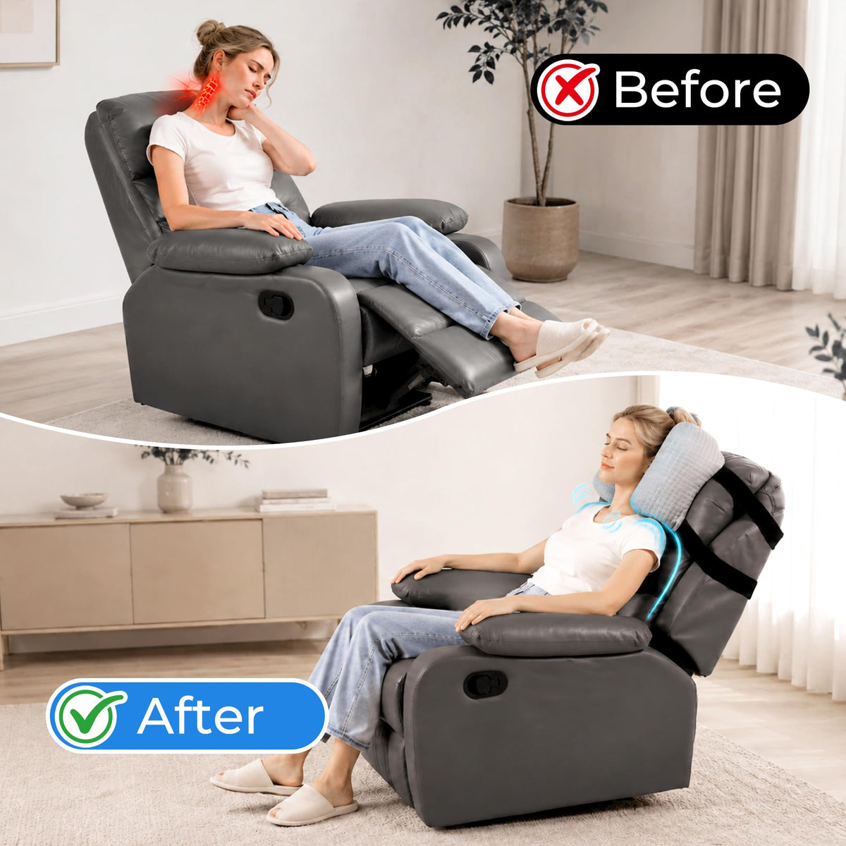 HOMBYS Recliner Head Pillow – Adjustable Shredded Memory Foam Neck Support with Washable Cover